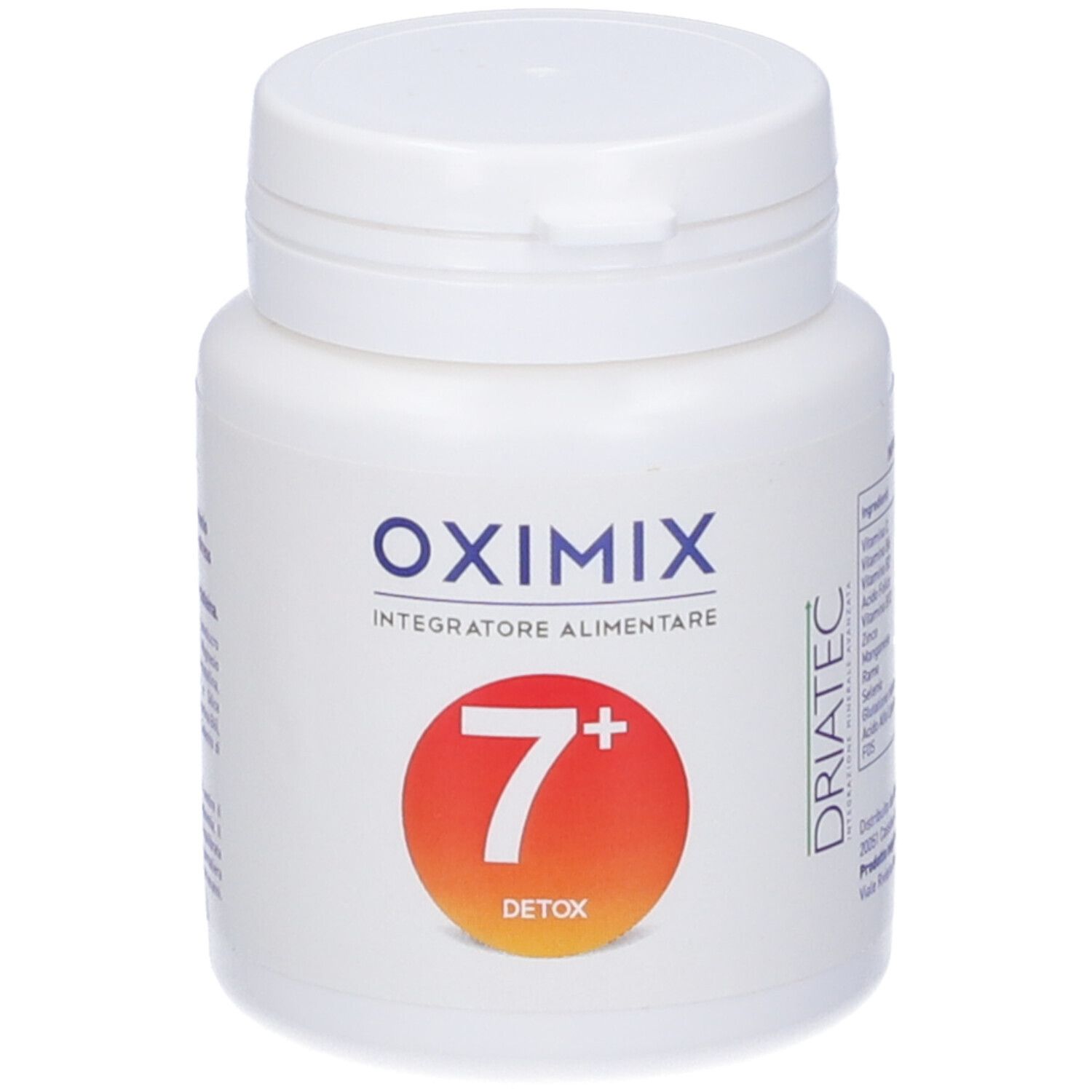 Flacone bianco Oximix Detox 7+ con tappo a vite. Cerchio rosso con 7 bianco.