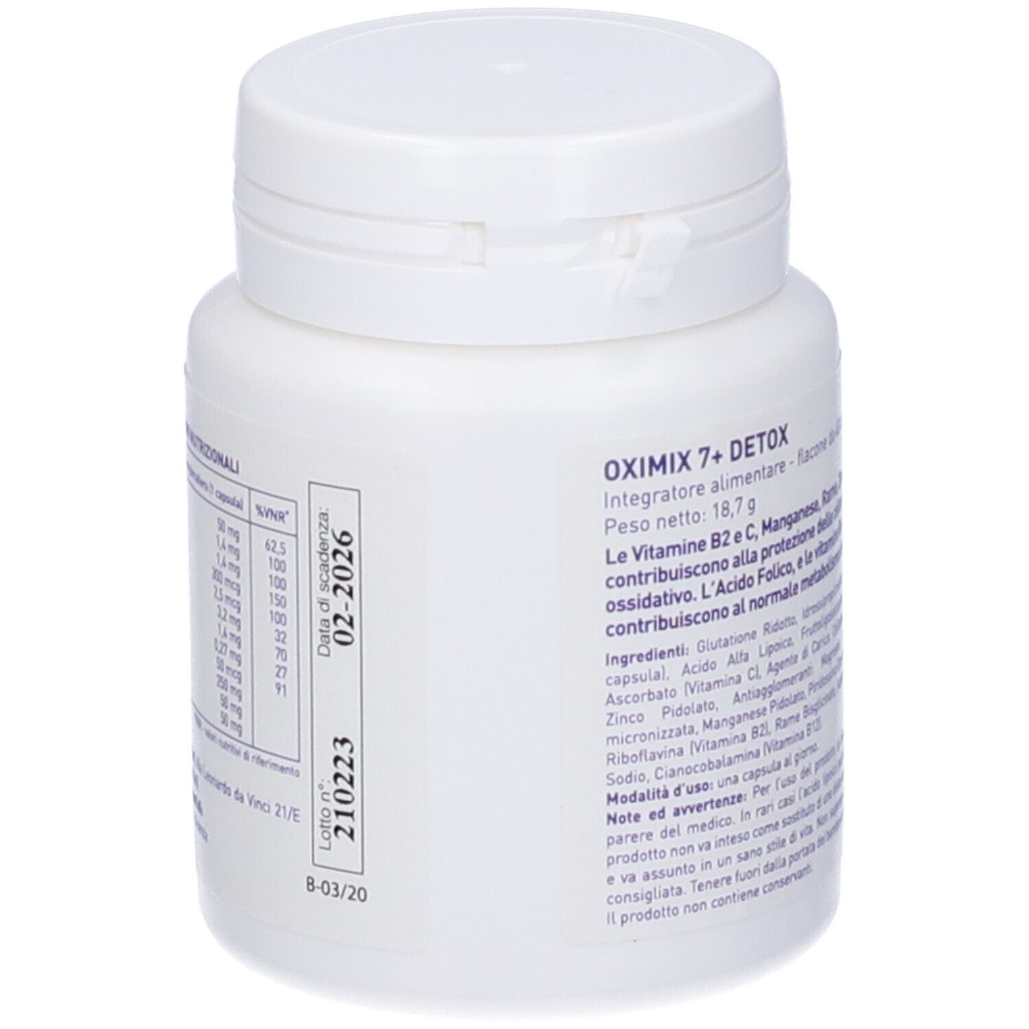 Flacone bianco Oximix 7+ Detox. Retro con ingredienti e data di scadenza.