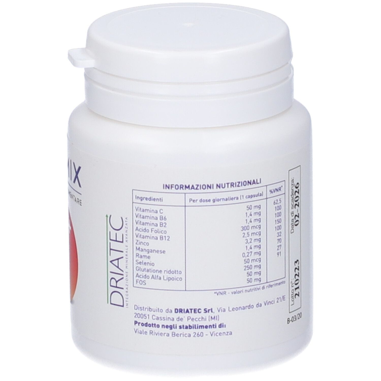 Flacone bianco Oximix 7+ Detox. Retro con informazioni nutrizionali e ingredienti.