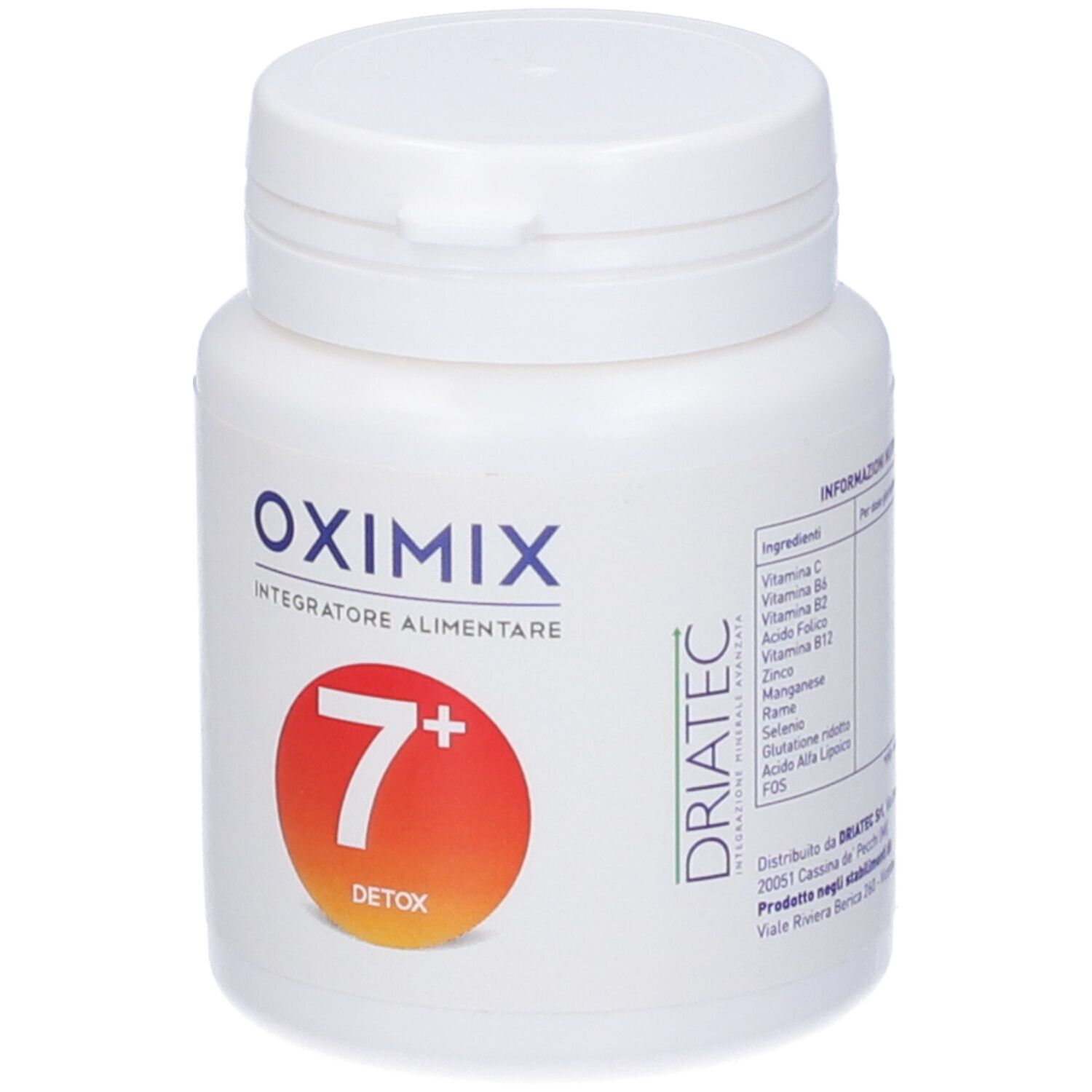 Flacone bianco Oximix 7+ Detox. Fronte con logo e cerchio rosso con 7.