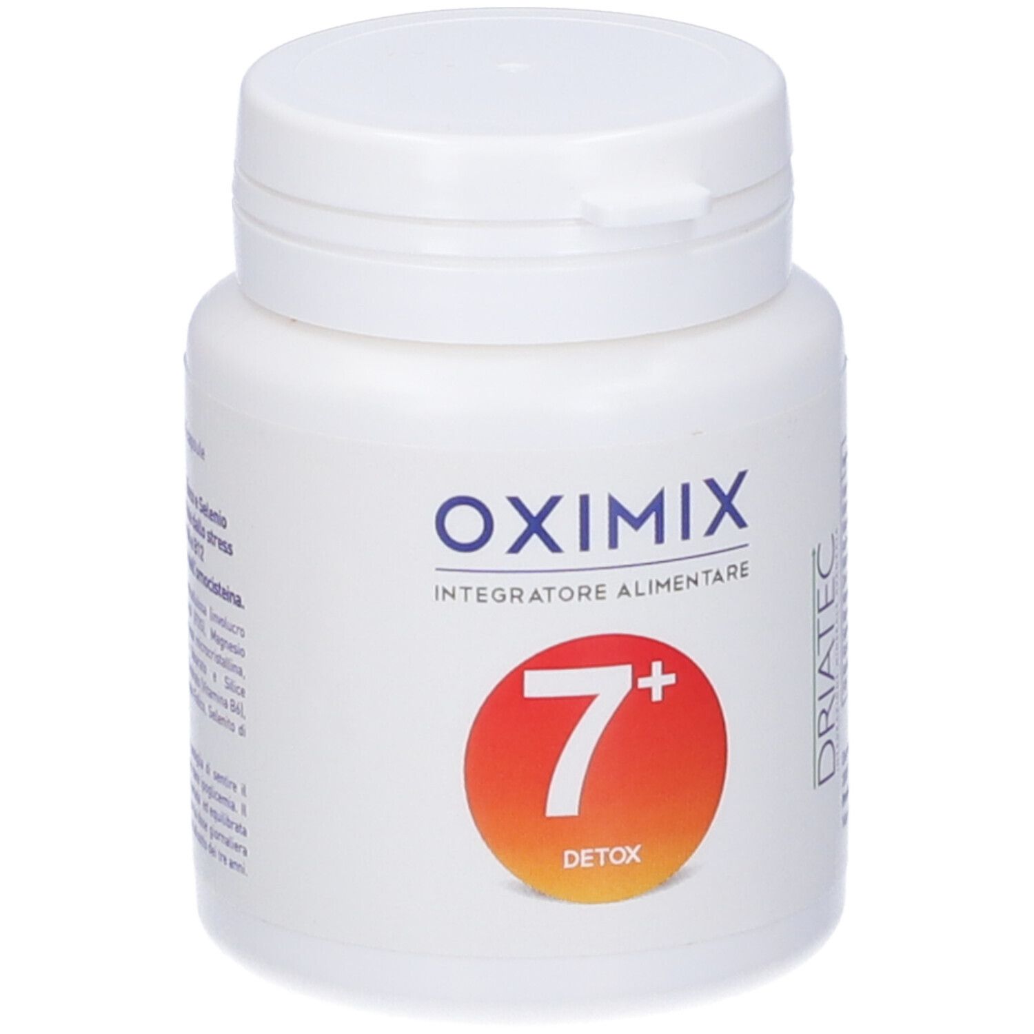 Flacone bianco Oximix 7+ Detox. Fronte con logo e cerchio rosso con 7.