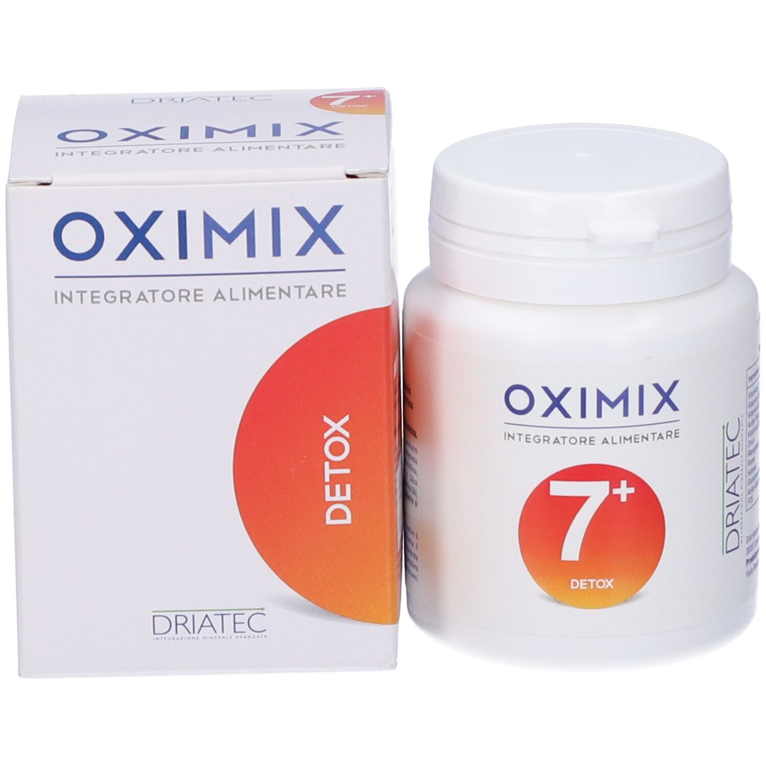 Flacone e scatola Oximix 7+ Detox. Entrambi con logo e cerchio rosso con 7.