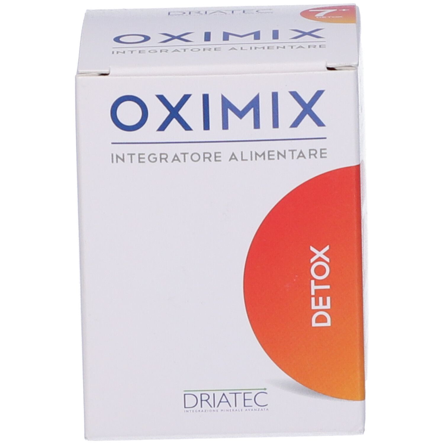 Scatola bianca Oximix 7+ Detox. Fronte con logo e cerchio rosso con 7.