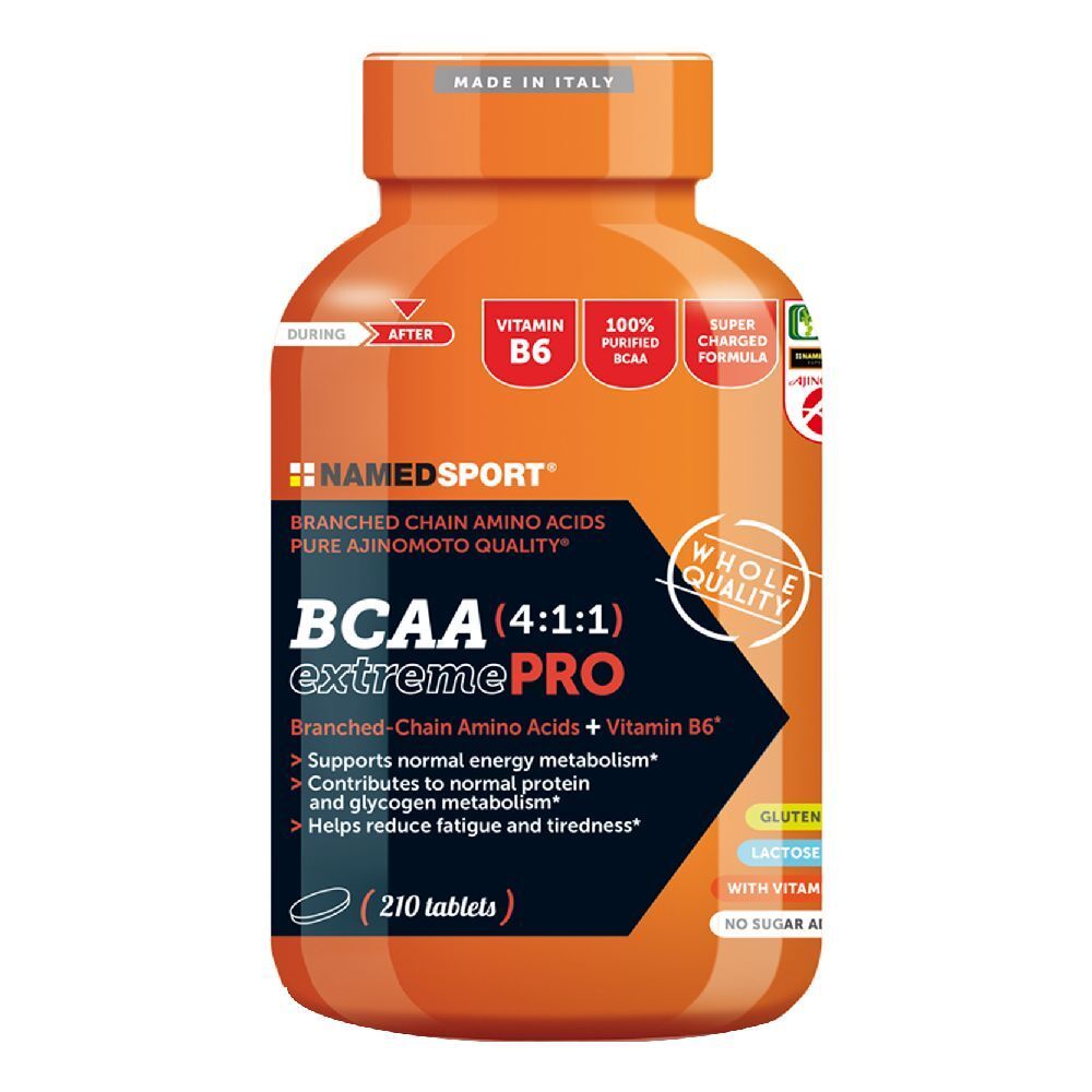 Flacon orange de BCAA Extreme Pro. Contient 210 comprimés, vitamine B6. Marque NAMEDSPORT.