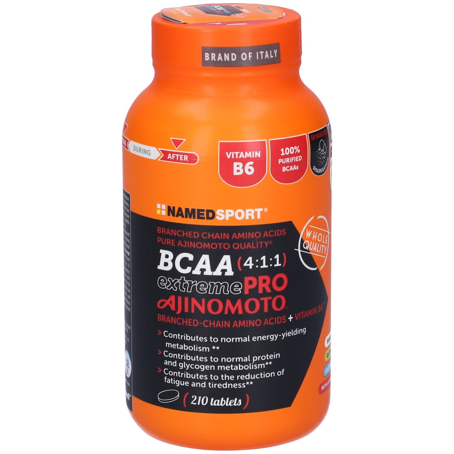Flacon orange BCAA Extreme Pro. Contient 210 comprimés, vitamine B6. Marque NAMEDSPORT.