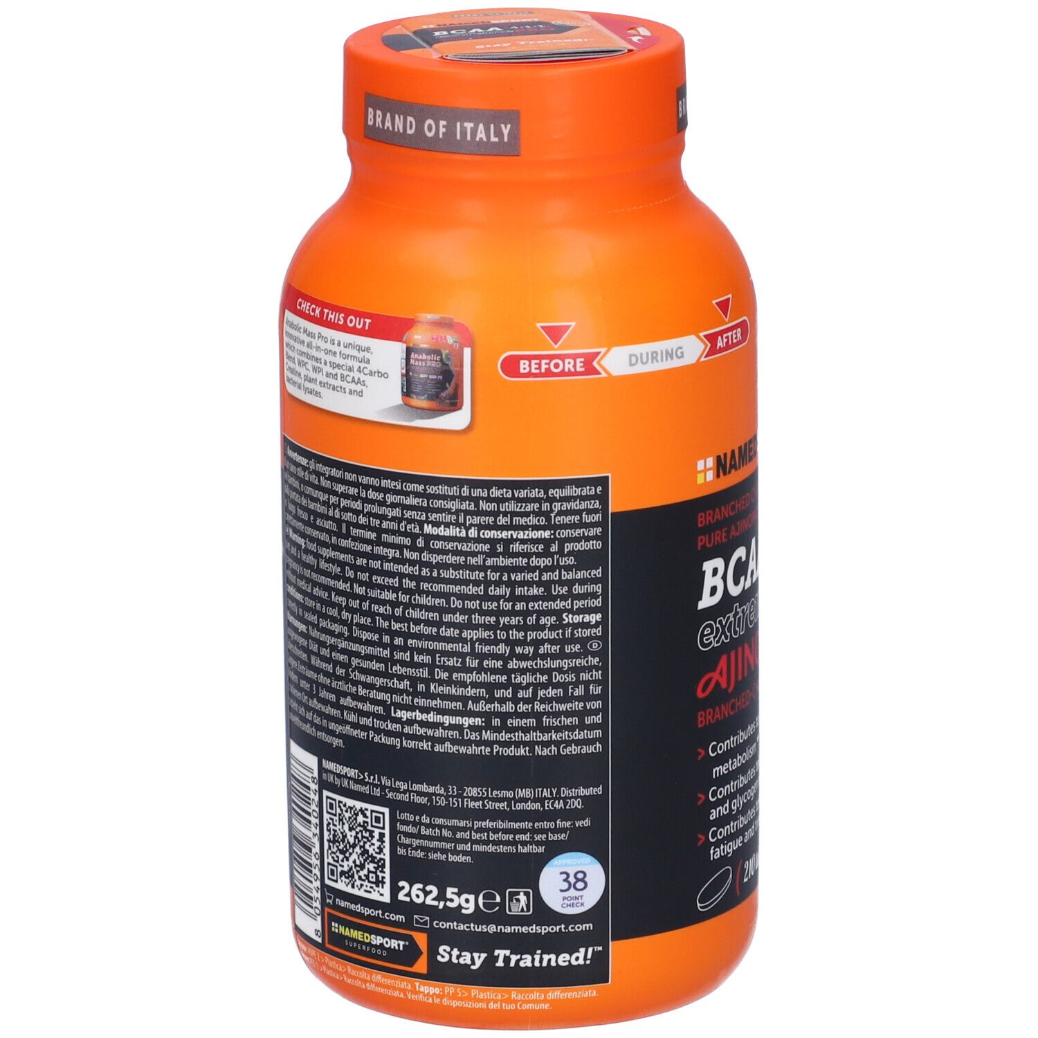 Dos du flacon orange BCAA Extreme Pro. Contient texte, code QR et informations nutritionnelles.
