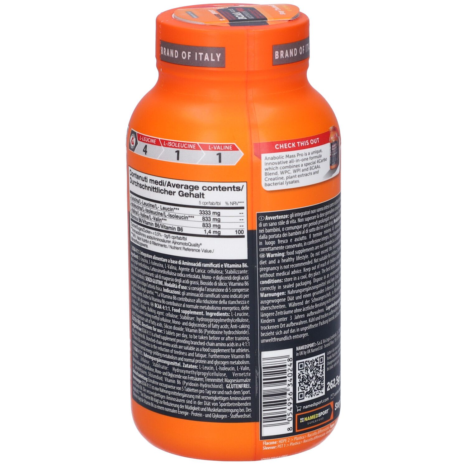 Dos du flacon orange BCAA Extreme Pro. Contient informations nutritionnelles et ingrédients.