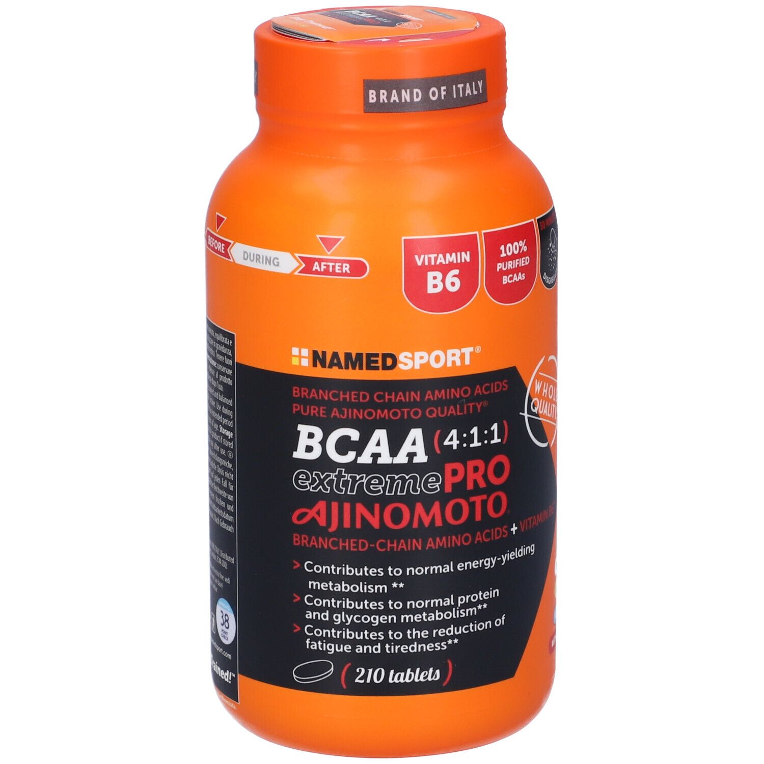 Flacon orange BCAA Extreme Pro. Contient 210 comprimés, vitamine B6. Marque NAMEDSPORT.