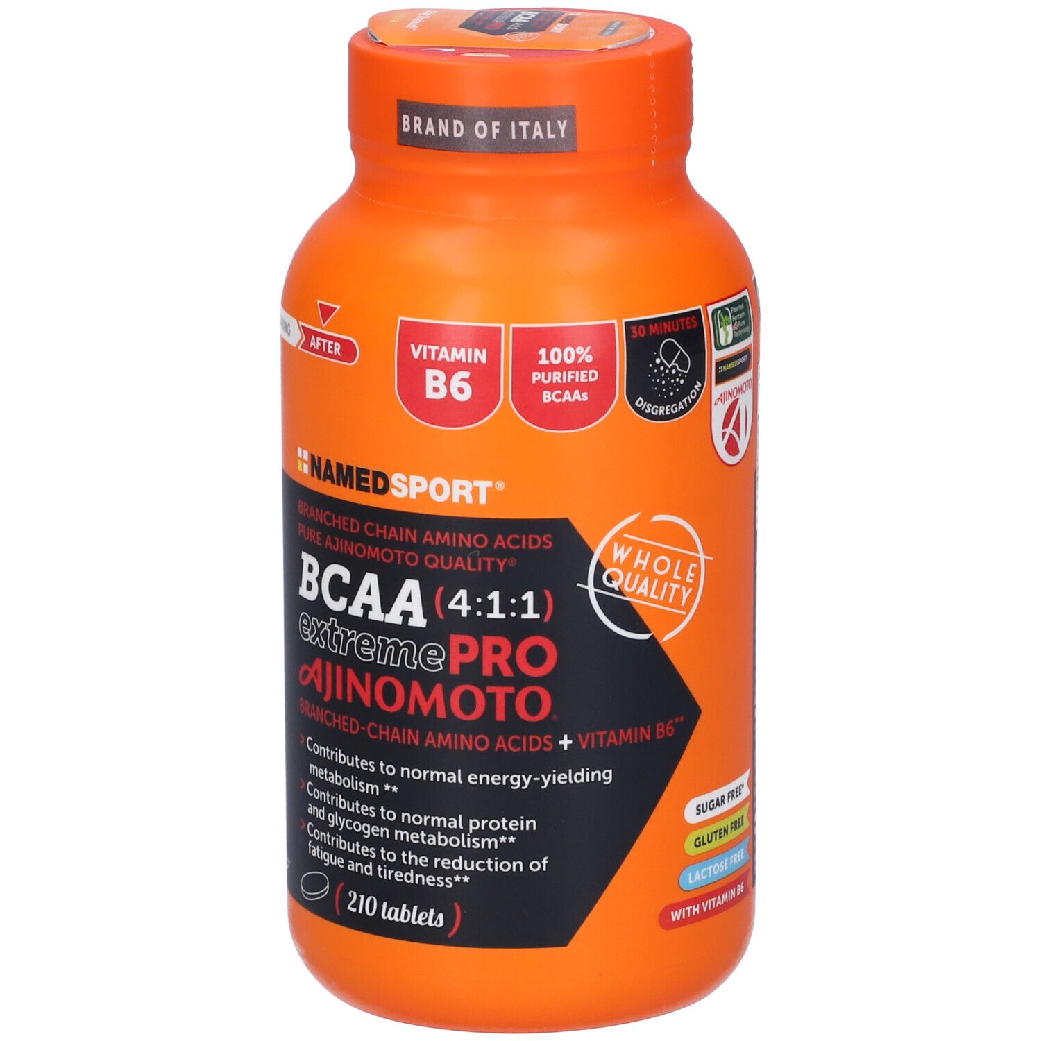 Flacon orange BCAA Extreme Pro. Contient 210 comprimés, vitamine B6. Marque NAMEDSPORT.