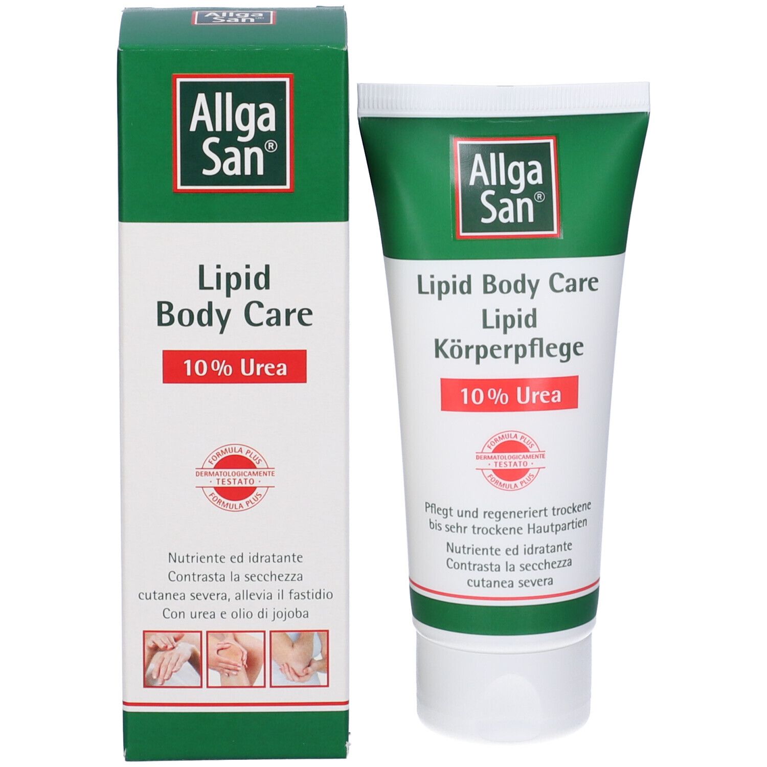 Produktverpackung mit Tube und Karton. Aufschrift: Allga San, Lipid Body Care, 10% Urea. Karton mit Abbildungen.