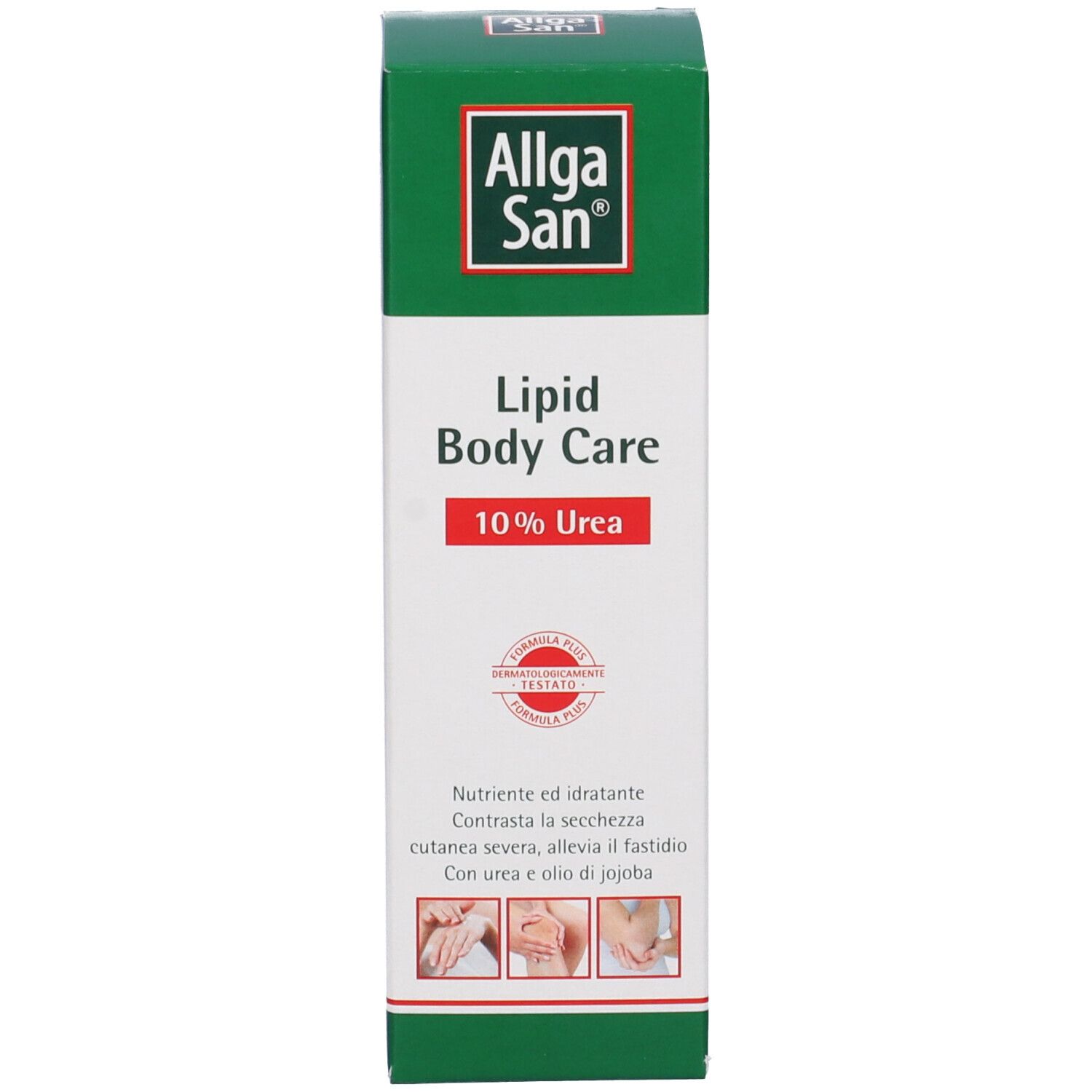 Kartonverpackung. Aufschrift: Allga San, Lipid Body Care, 10% Urea. Abbildungen von Händen. Text in Deutsch und Italienisch.