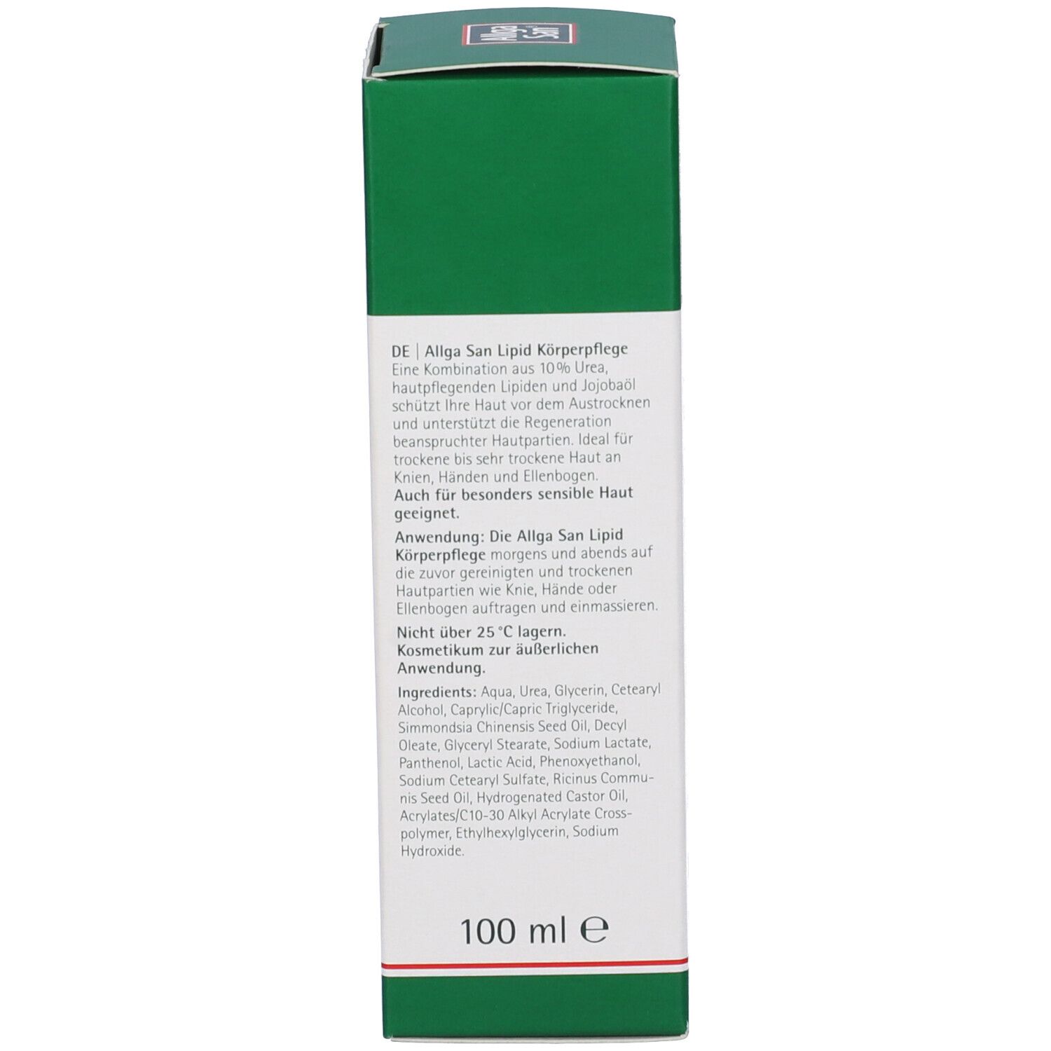 Rückseite der Kartonverpackung. Text in Deutsch. Enthält Informationen zu Inhaltsstoffen und Anwendung. 100 ml.