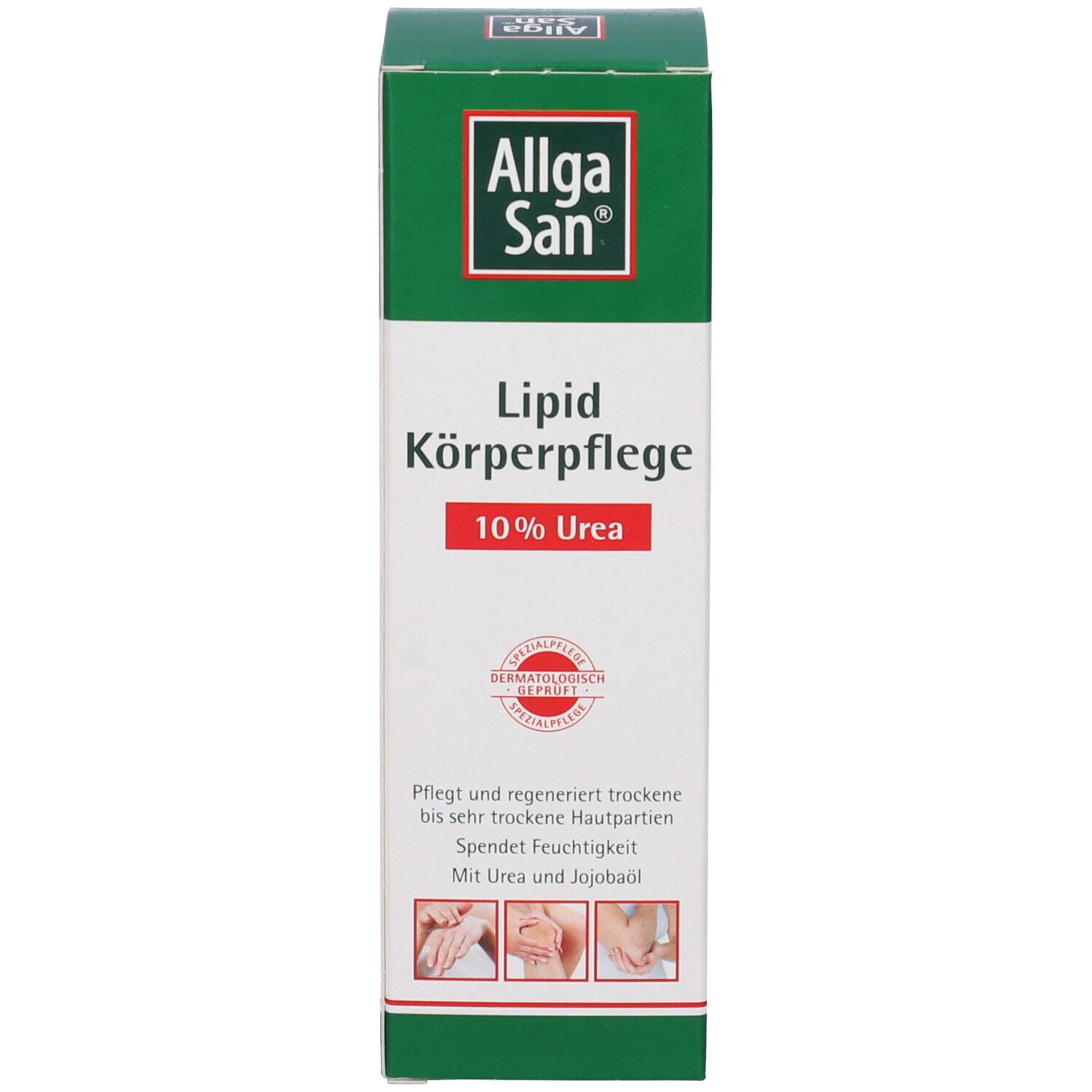 Vorderseite der Kartonverpackung. Aufschrift: Allga San, Lipid Körperpflege, 10% Urea. Text in Deutsch.