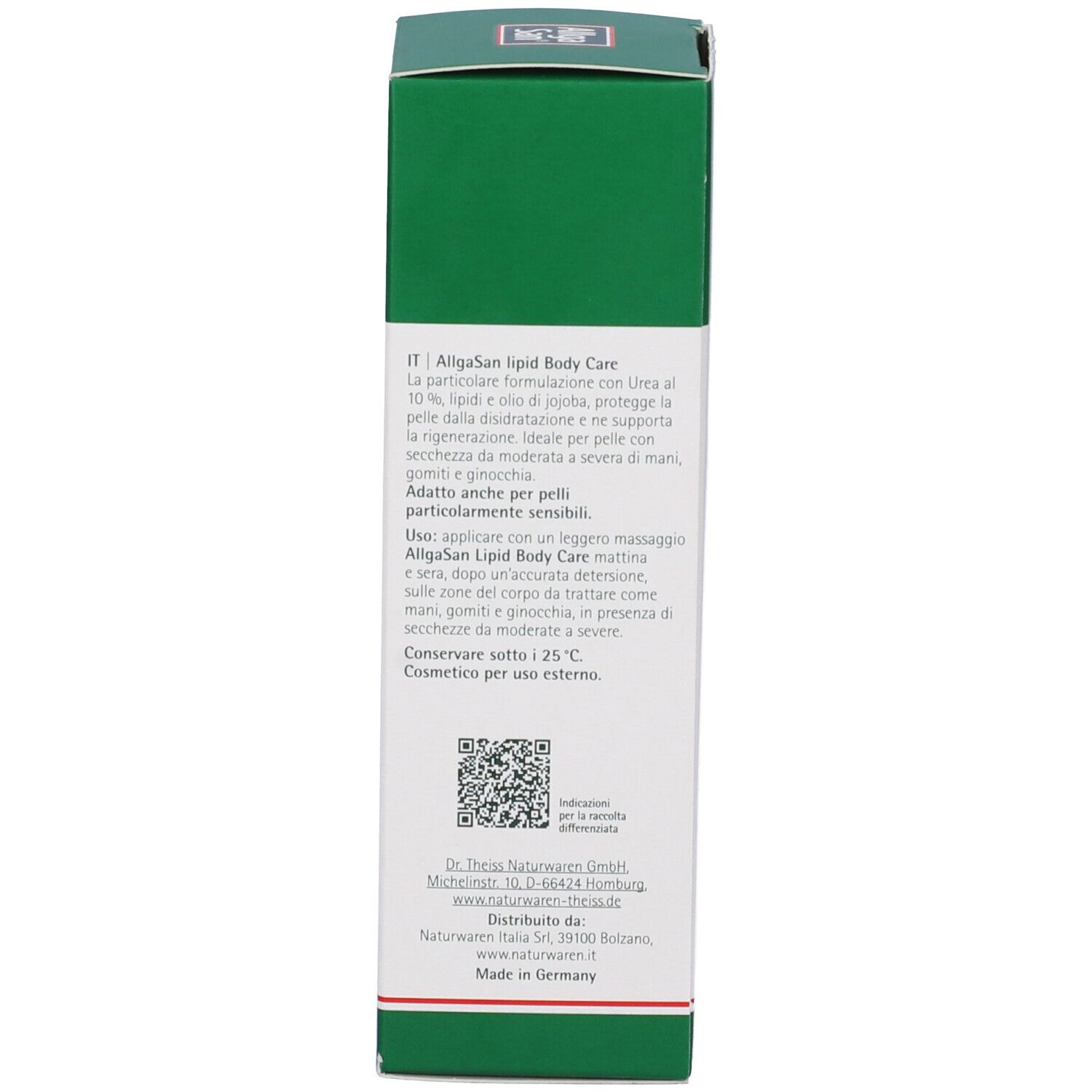 Rückseite der Kartonverpackung. Text in Italienisch. Enthält Informationen zu Inhaltsstoffen und Anwendung. Hergestellt in Deutschland.