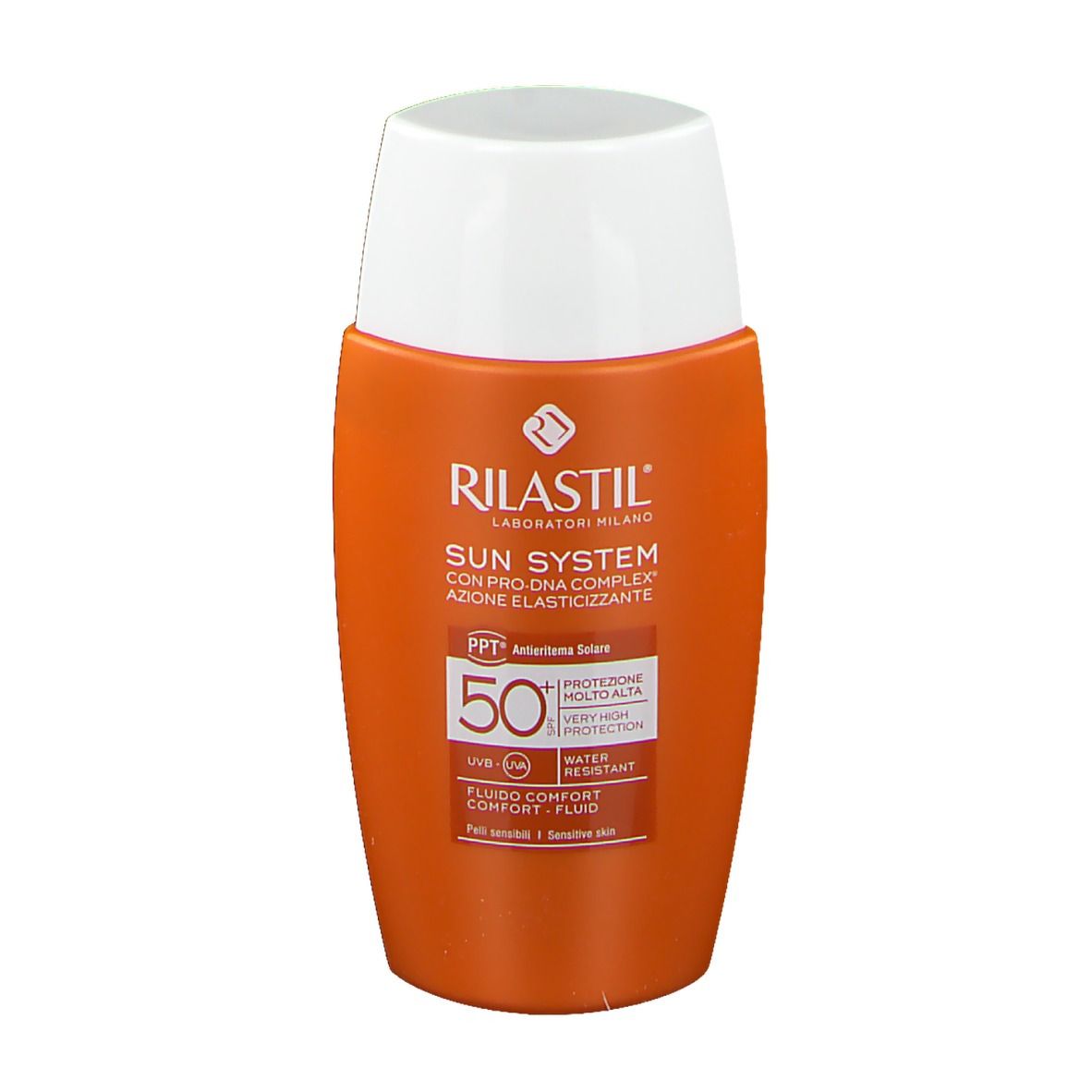 Flacone arancione con tappo bianco. Scritta: Rilastil Sun System SPF 50. Resistente all'acqua. Fluido Comfort.