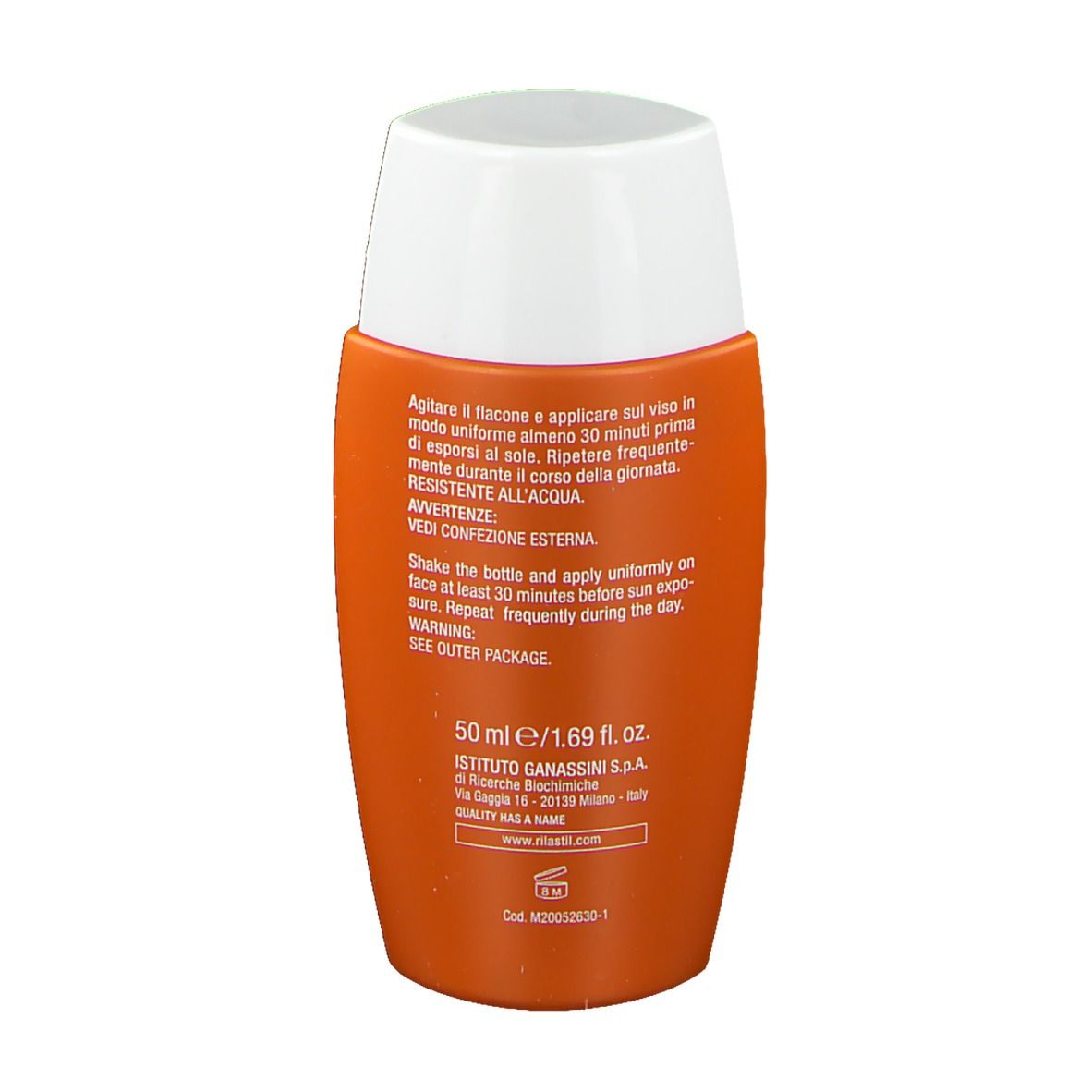 Retro del flacone arancione con tappo bianco. Testo in italiano. 50 ml/1,69 fl. oz.