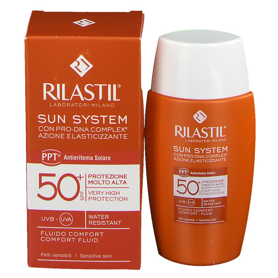 Scatola e flacone arancioni. Scritta: Rilastil Sun System SPF 50. Resistente all'acqua. Fluido Comfort. 50.