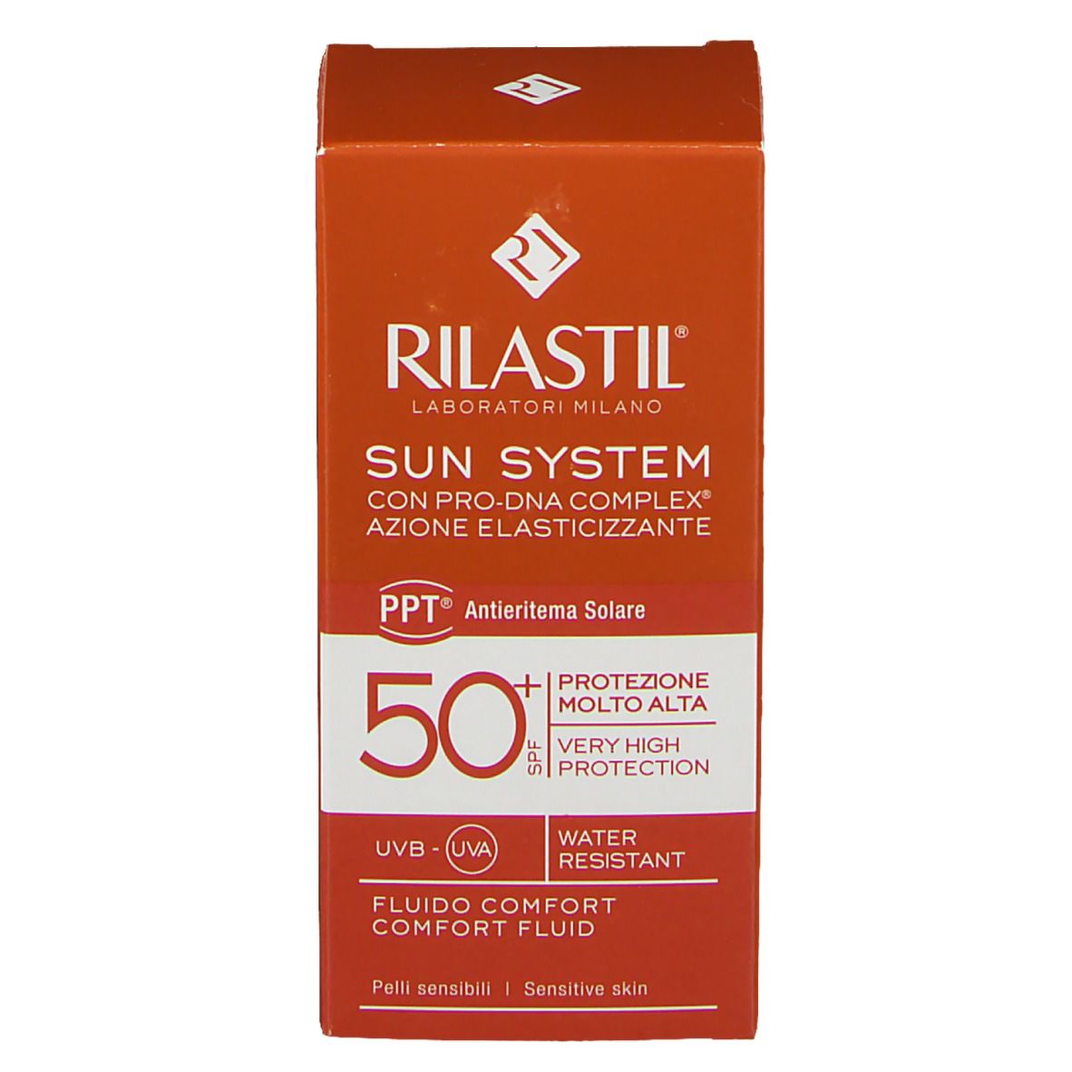 Scatola arancione. Scritta: Rilastil Sun System SPF 50. Resistente all'acqua. Fluido Comfort. 50.