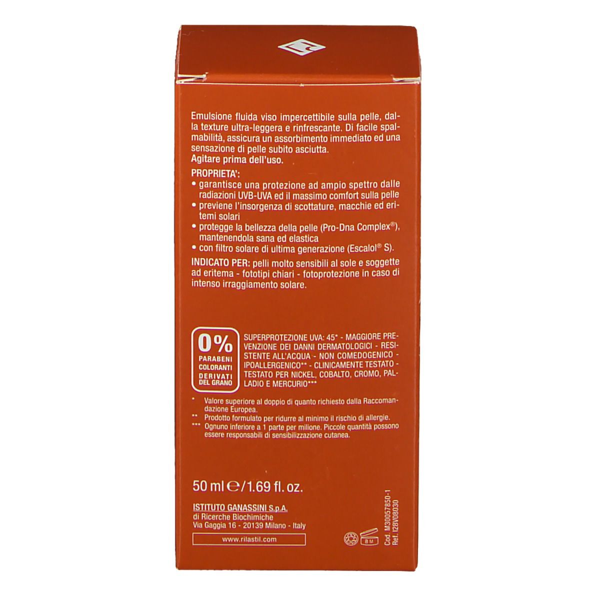 Lato della scatola arancione. Testo in italiano. 50 ml/1,69 fl. oz. 0% Derivati.