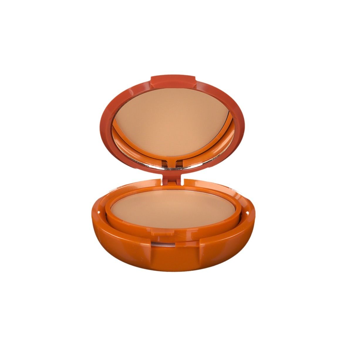 Cipria compatta beige con specchio, custodia arancione.