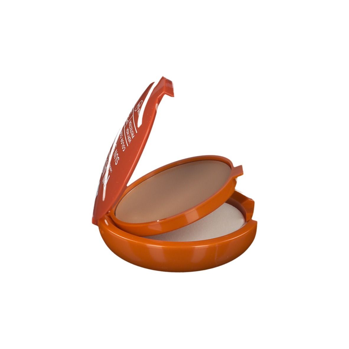 Cipria compatta con spugnetta. Beige. Custodia arancione.