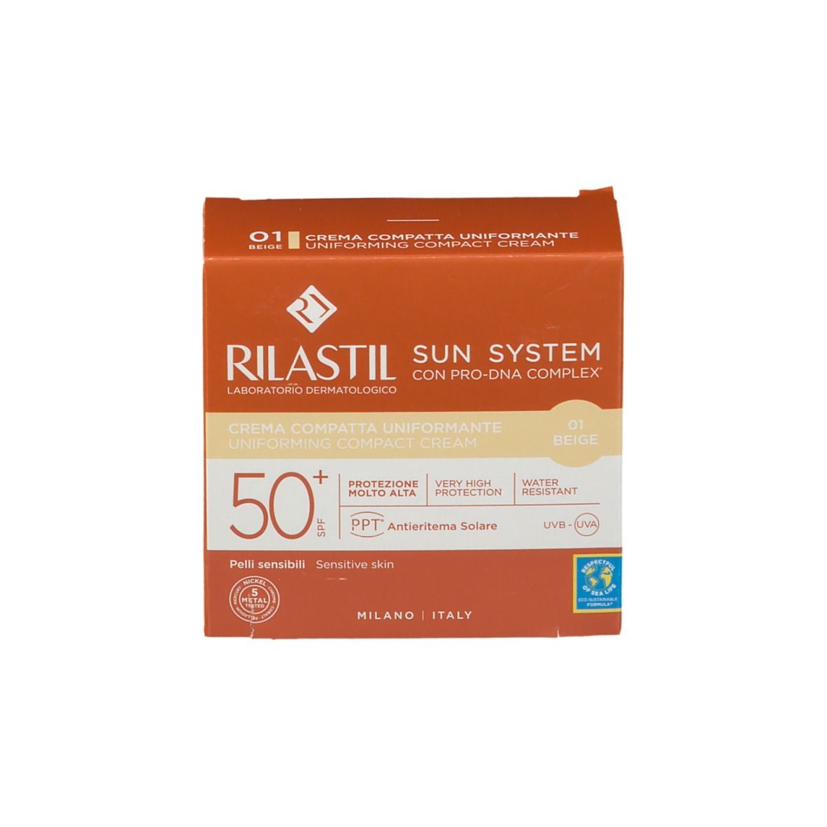 Confezione. Scritta: Rilastil, Sun System, SPF 50+, Beige.