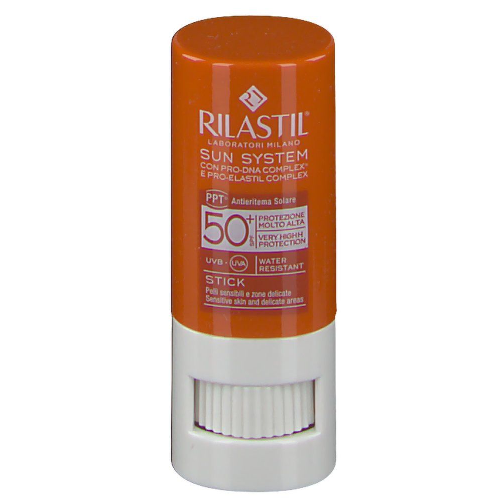 Stick solare arancione e bianco. Testo: RILASTIL, SUN SYSTEM, SPF 50+, resistente all'acqua. Per pelli sensibili.