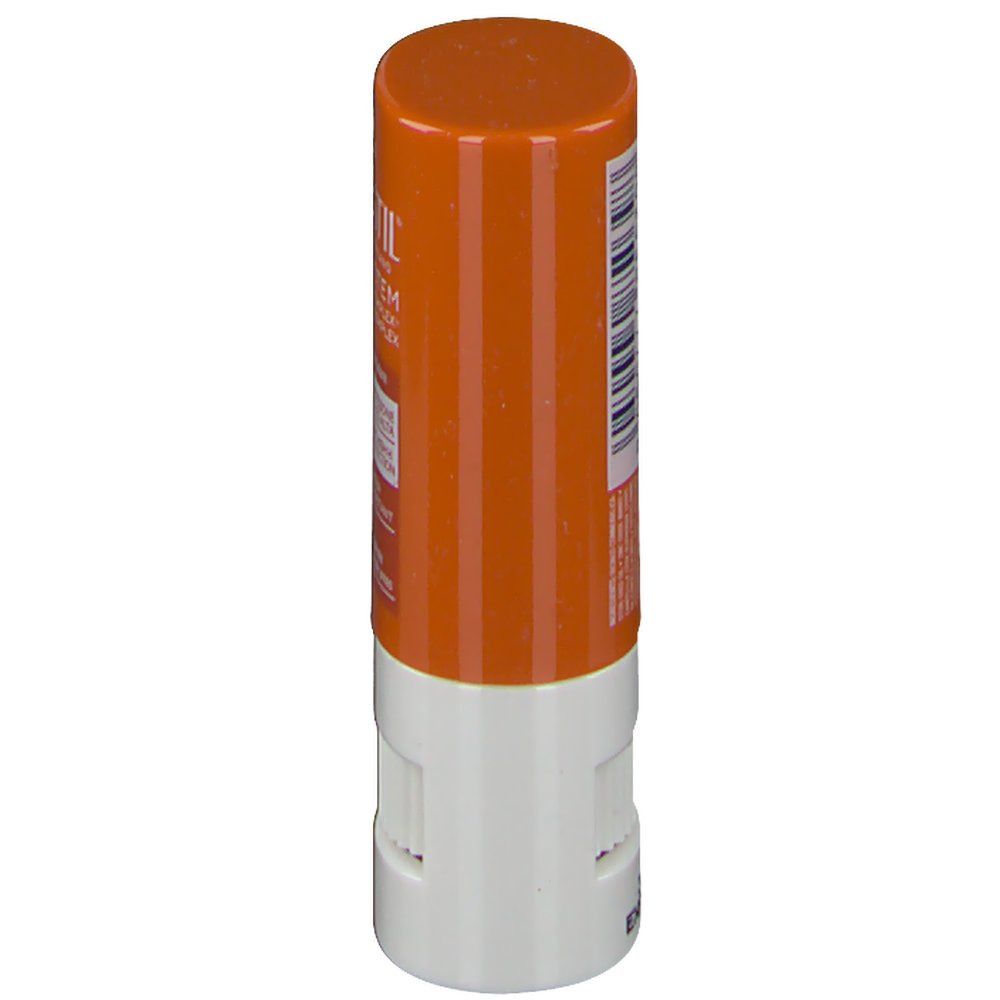 Stick solare arancione e bianco. Parte superiore arancione, parte inferiore bianca. Testo sullo stick. Vista laterale.