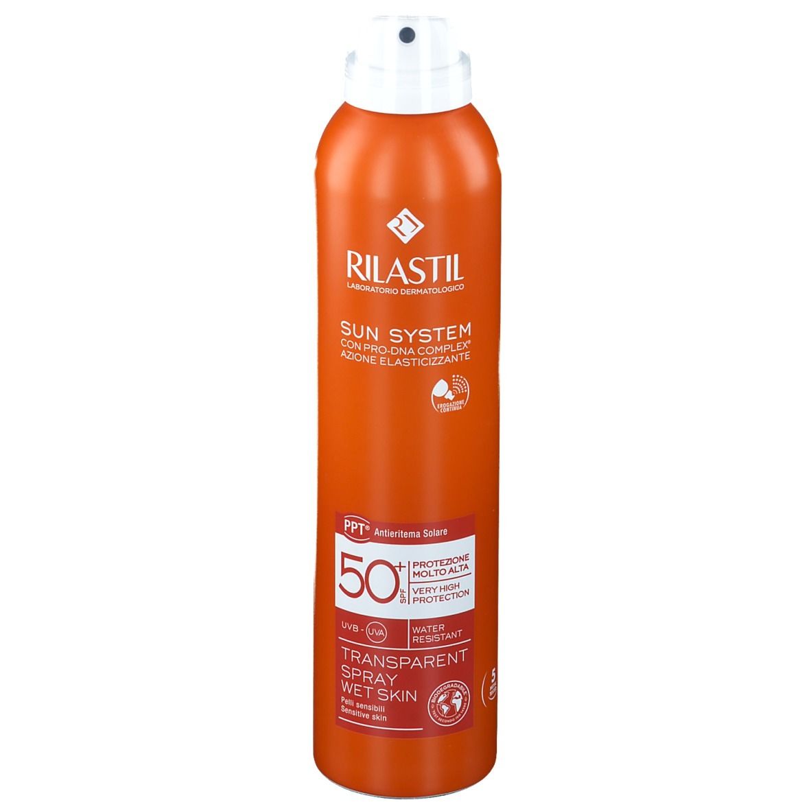 Flacon spray orange avec tête blanche. Inscriptions: RILASTIL, SUN SYSTEM SPF 50+, Transparent Spray Wet Skin. Résistant à l'eau.