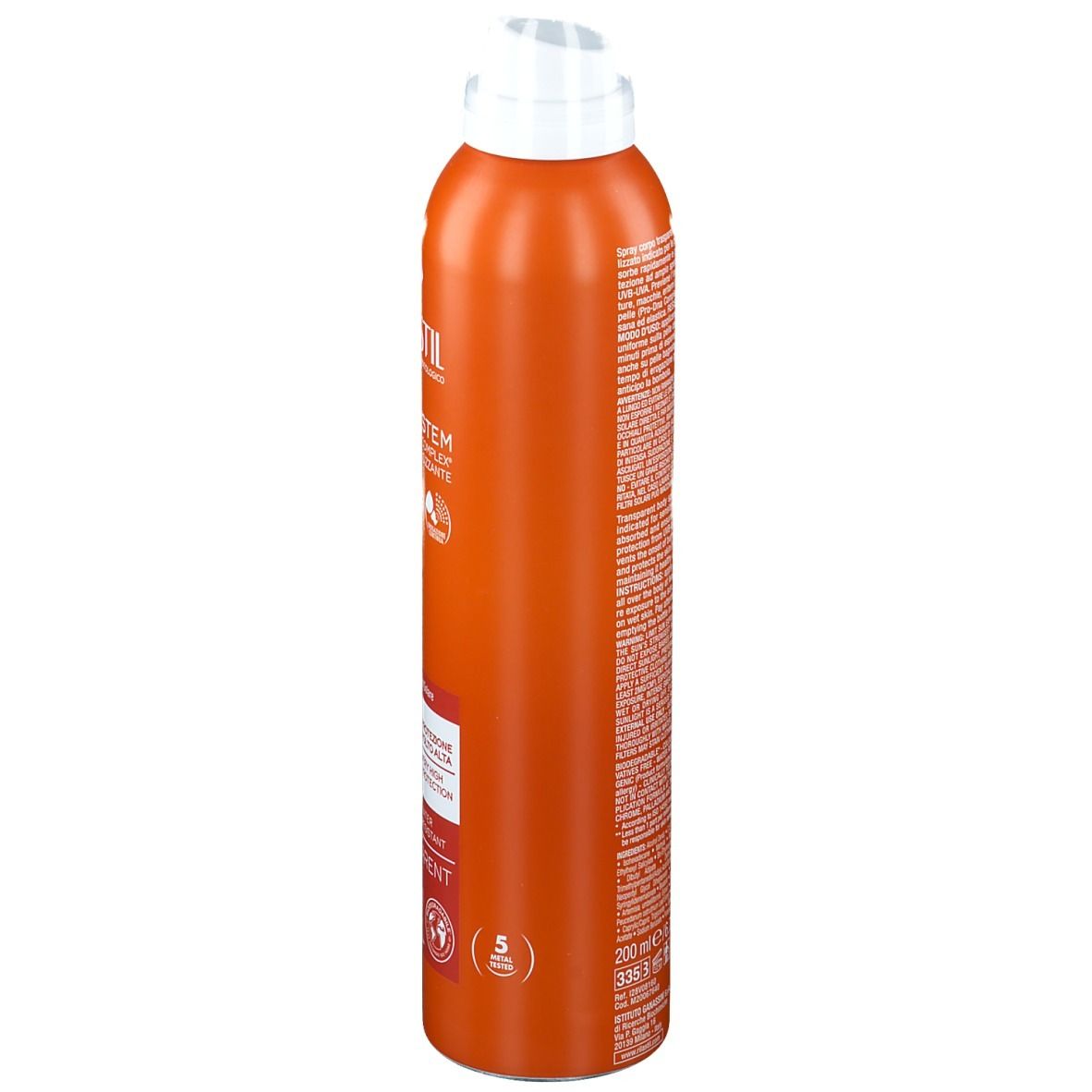 Flacon spray orange avec tête blanche. Inscriptions et texte sur le côté. Nom du produit: RILASTIL Sun System. Résistant à l'eau.