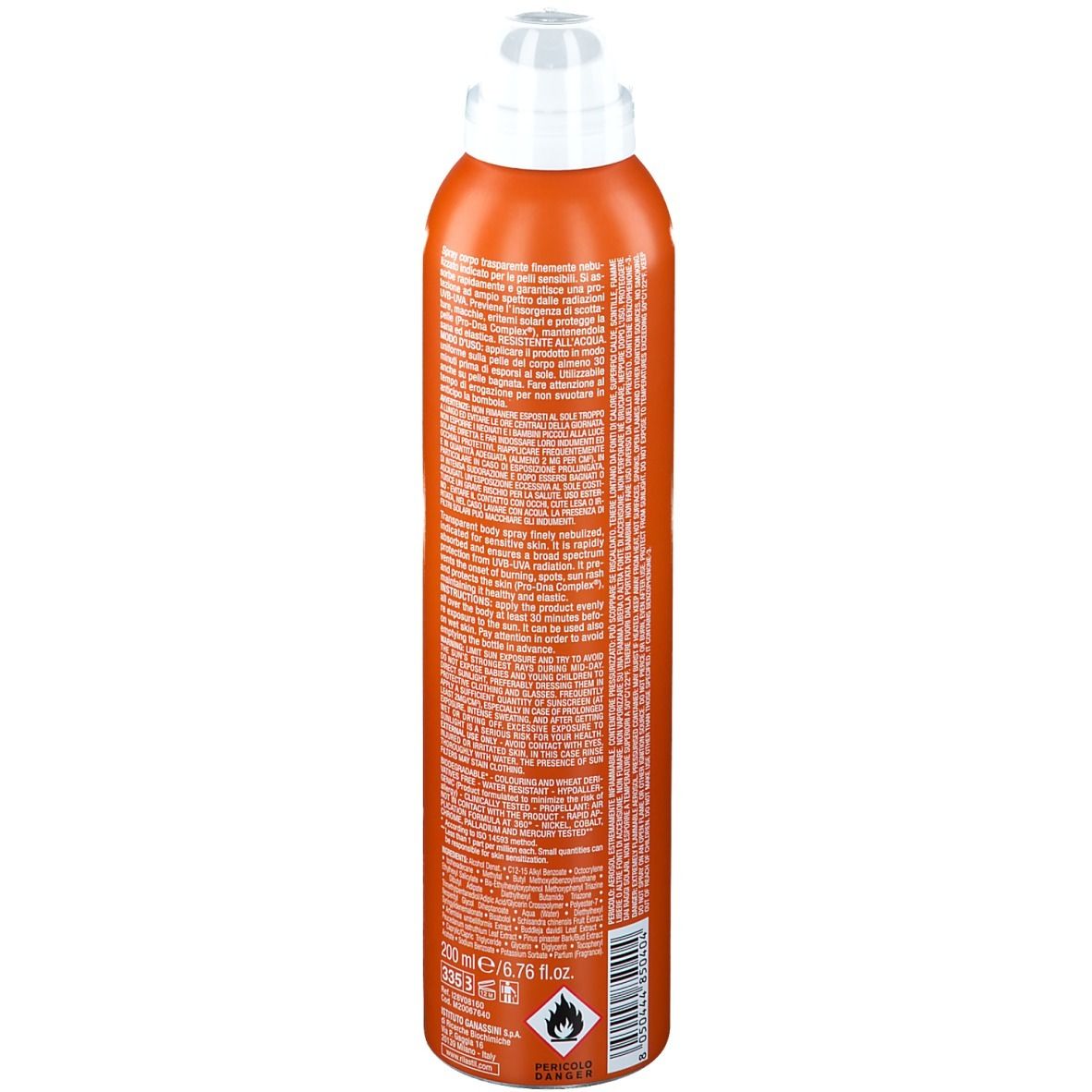 Flacon spray orange avec tête blanche. Dos avec texte. Nom du produit: RILASTIL Sun System. Contient 200 ml.