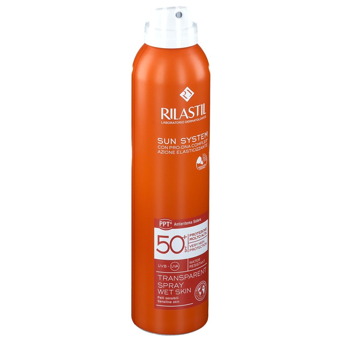 Flacon spray orange avec tête blanche. Inscriptions: RILASTIL, SUN SYSTEM SPF 50+, Transparent Spray Wet Skin. Résistant à l'eau.
