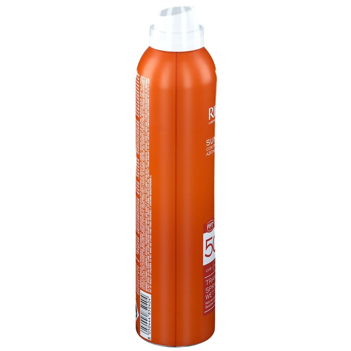 Flacon spray orange avec tête blanche. Inscriptions et texte sur le côté. Nom du produit: RILASTIL Sun System. Résistant à l'eau.