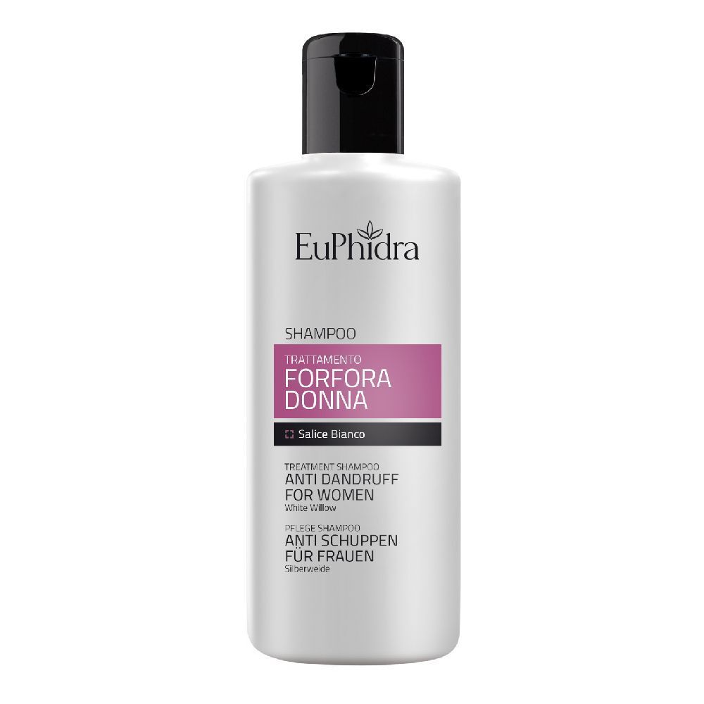 Flacone di shampoo bianco con tappo nero. Scritta: EuPhidra, FORFORA DONNA, Antiforfora per donne.