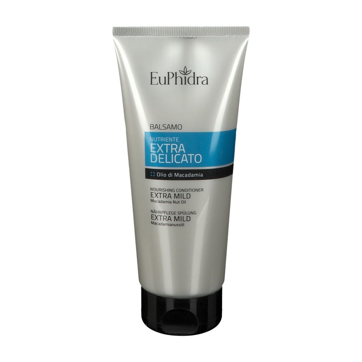 Tubo argento EuPhidra Pflegespülung, tappo nero. Scritta: Balsamo Nutriente Extra Delicato, Olio di Macadamia.