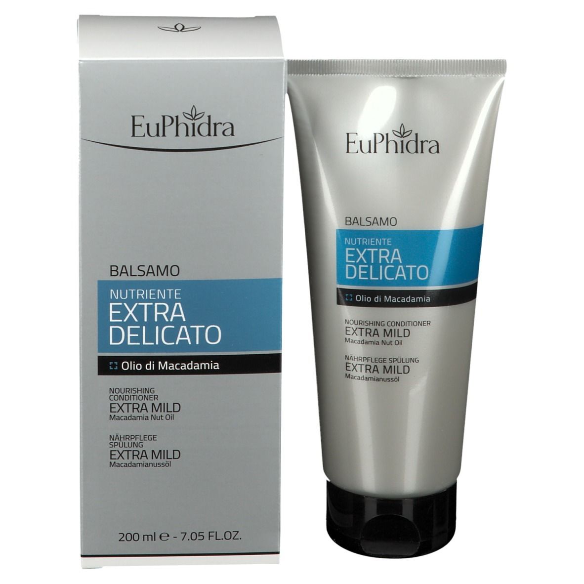 EuPhidra Pflegespülung e confezione. Tubo e scatola. Scritta: Balsamo Nutriente Extra Delicato, Olio di Macadamia.