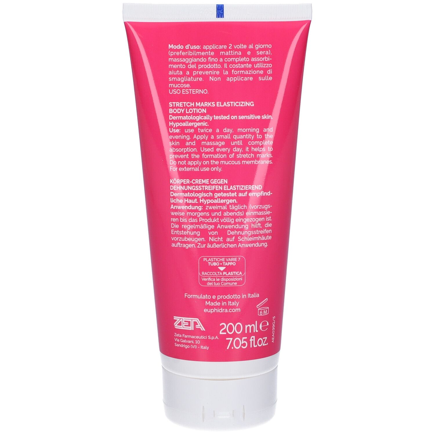 Retro di un tubo EuPhidra AmidoMio Bodylotion. Testo multilingue. Ingredienti e logo visibili.