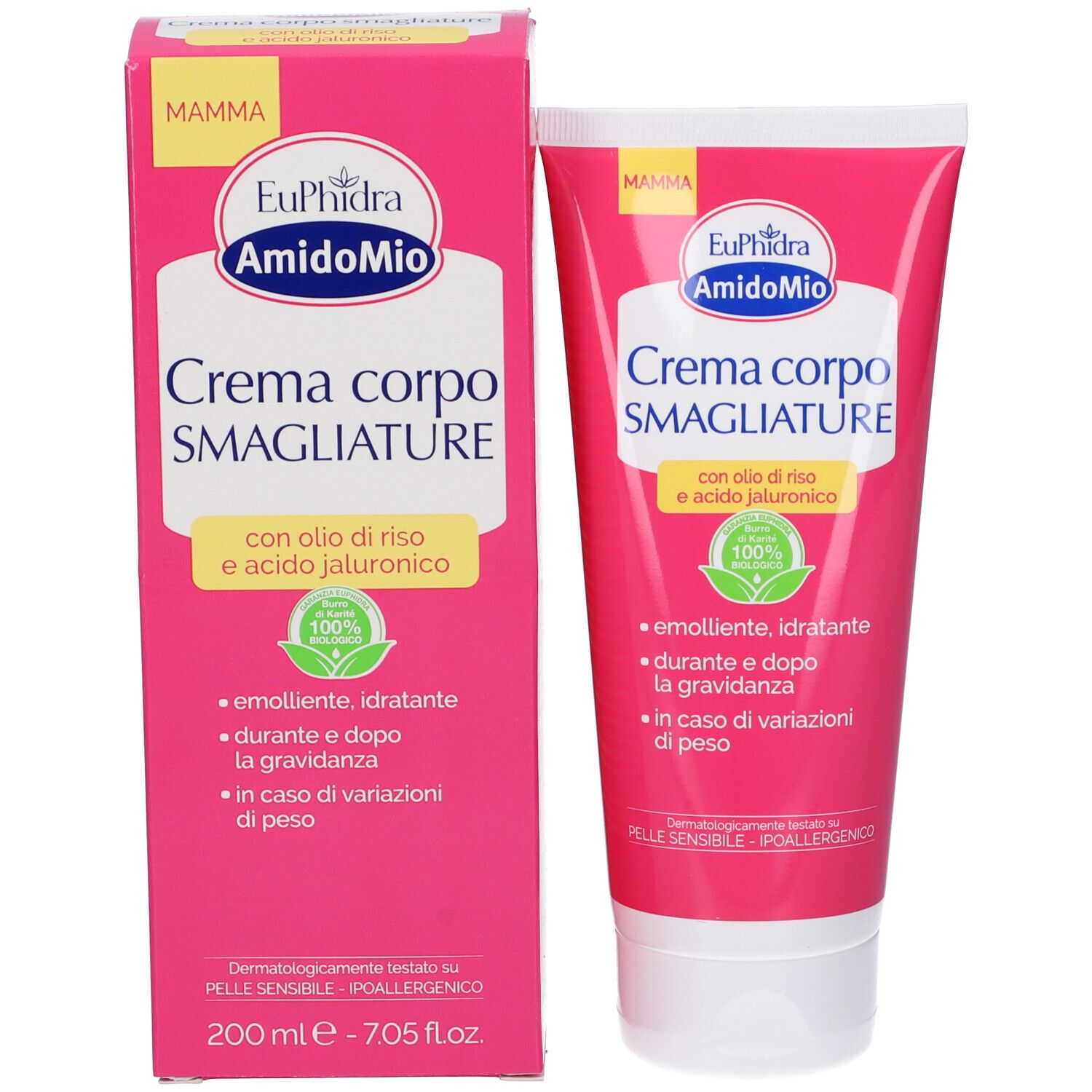 EuPhidra AmidoMio Bodylotion, tubo e confezione affiancati. Scritto: Crema corpo smagliature. Logo e ingredienti.