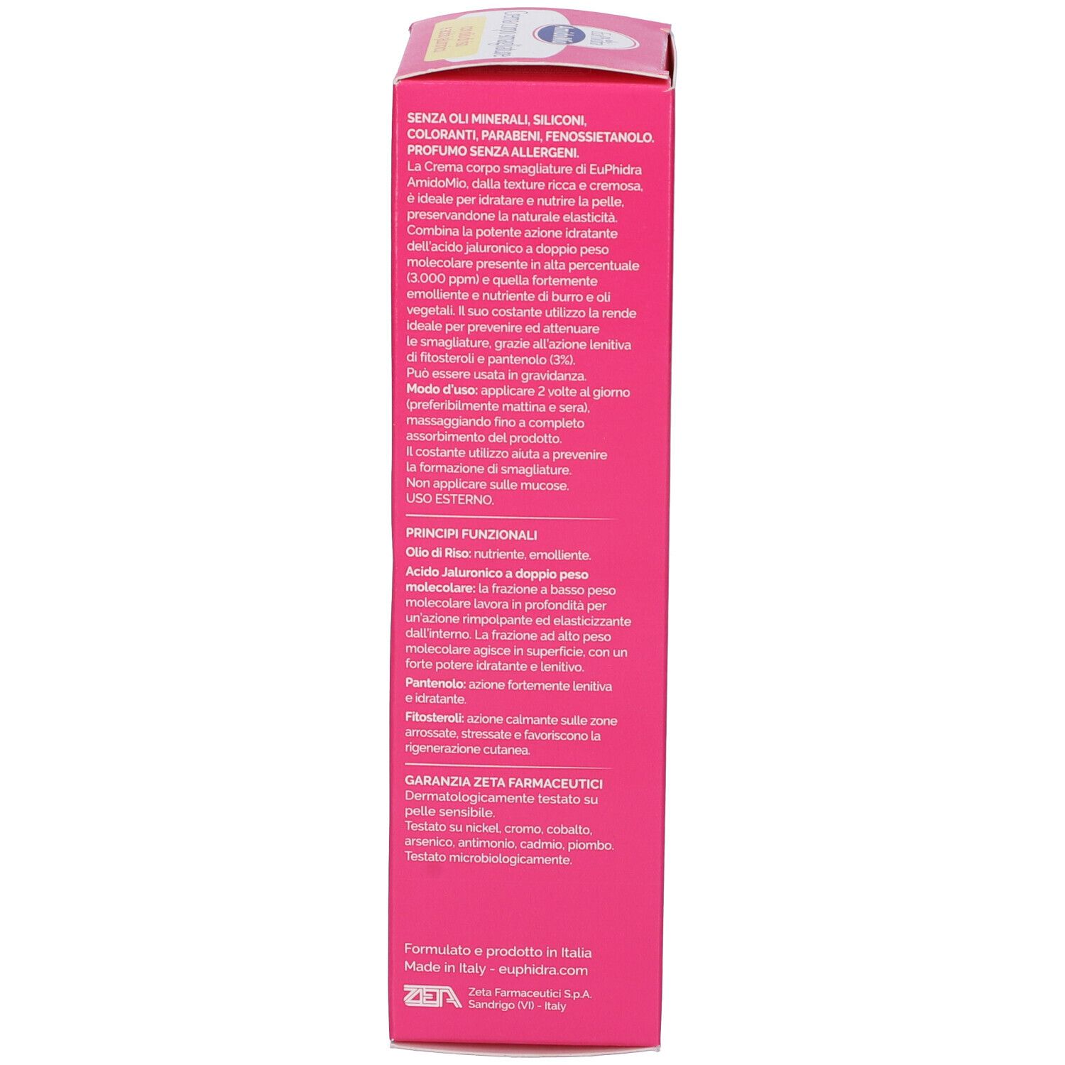 Lato della confezione EuPhidra AmidoMio Bodylotion. Testo: ingredienti, utilizzo. Logo e garanzia.