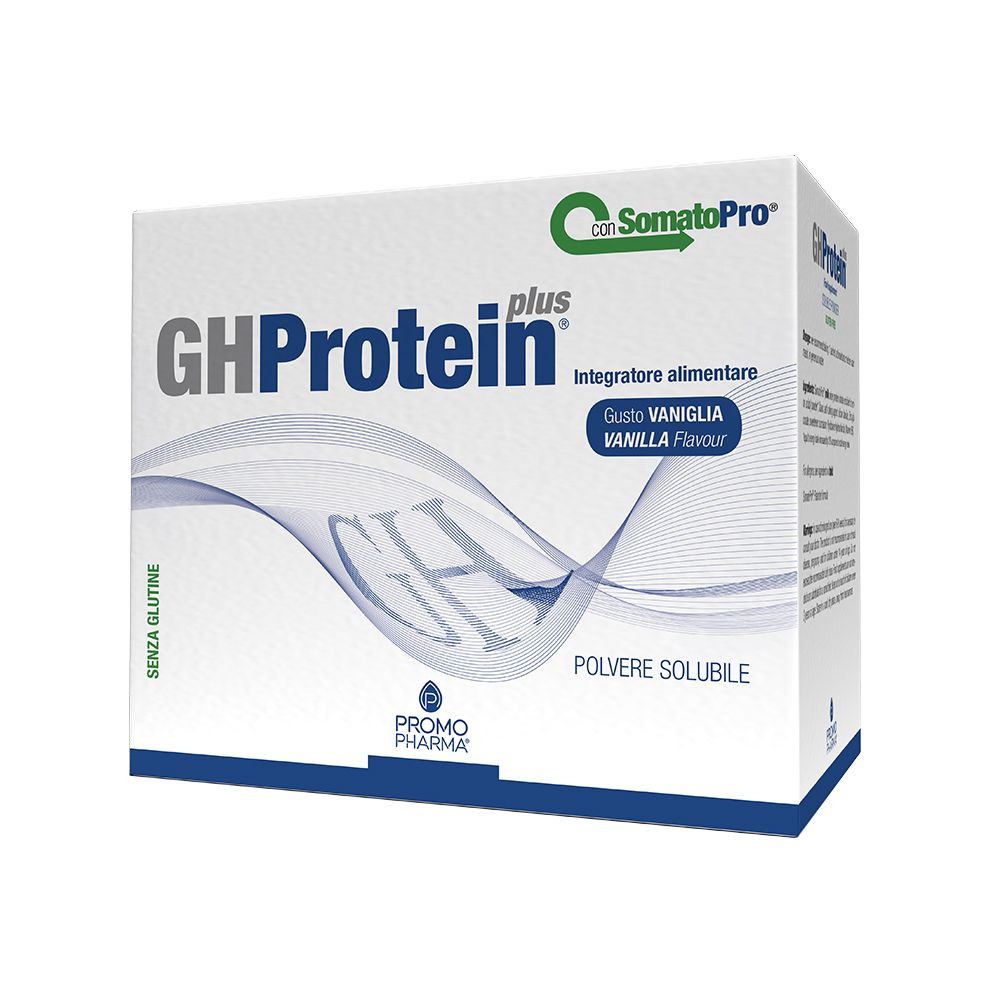 Scatola bianca GHProtein plus, gusto vaniglia. Contiene polvere. Marchio PromoPharma.