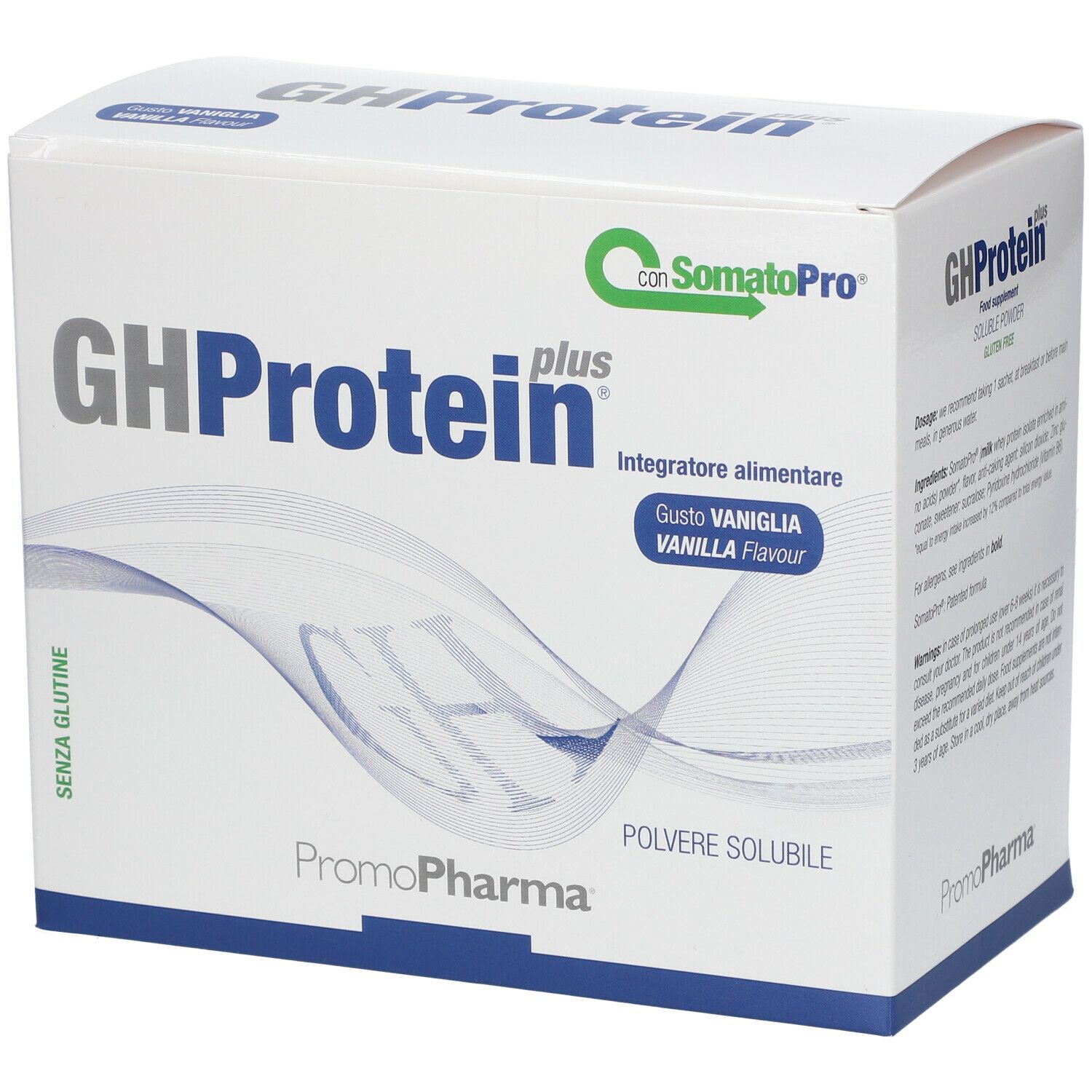 Scatola bianca GHProtein plus, gusto vaniglia. Contiene polvere. Marchio PromoPharma.