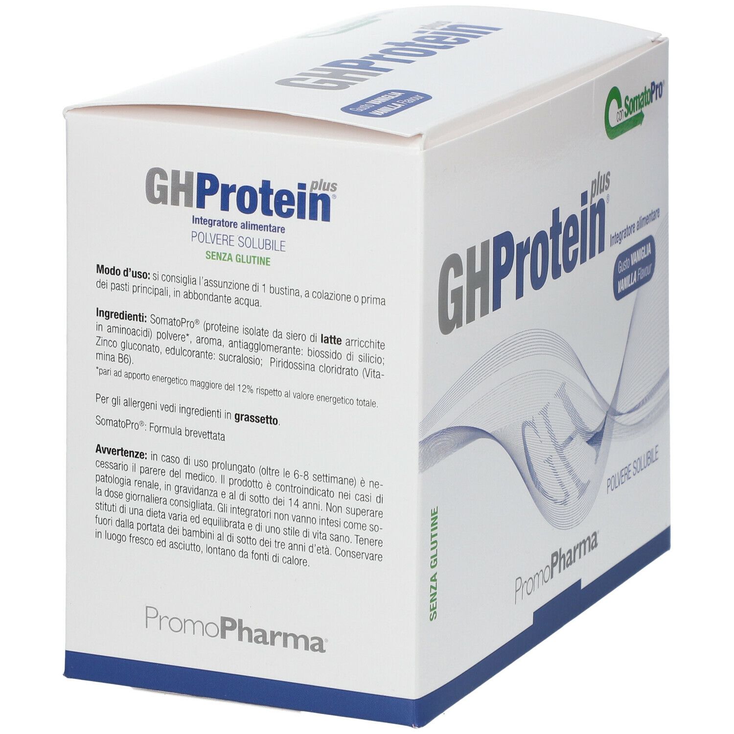 Scatola bianca GHProtein plus, gusto vaniglia. Contiene polvere. Marchio PromoPharma.