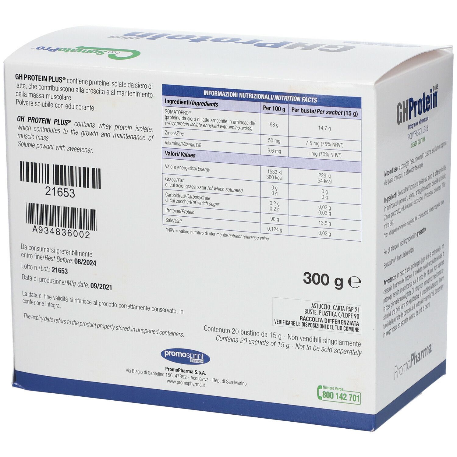 Scatola bianca GHProtein plus, gusto vaniglia. Contiene polvere. Marchio PromoPharma.