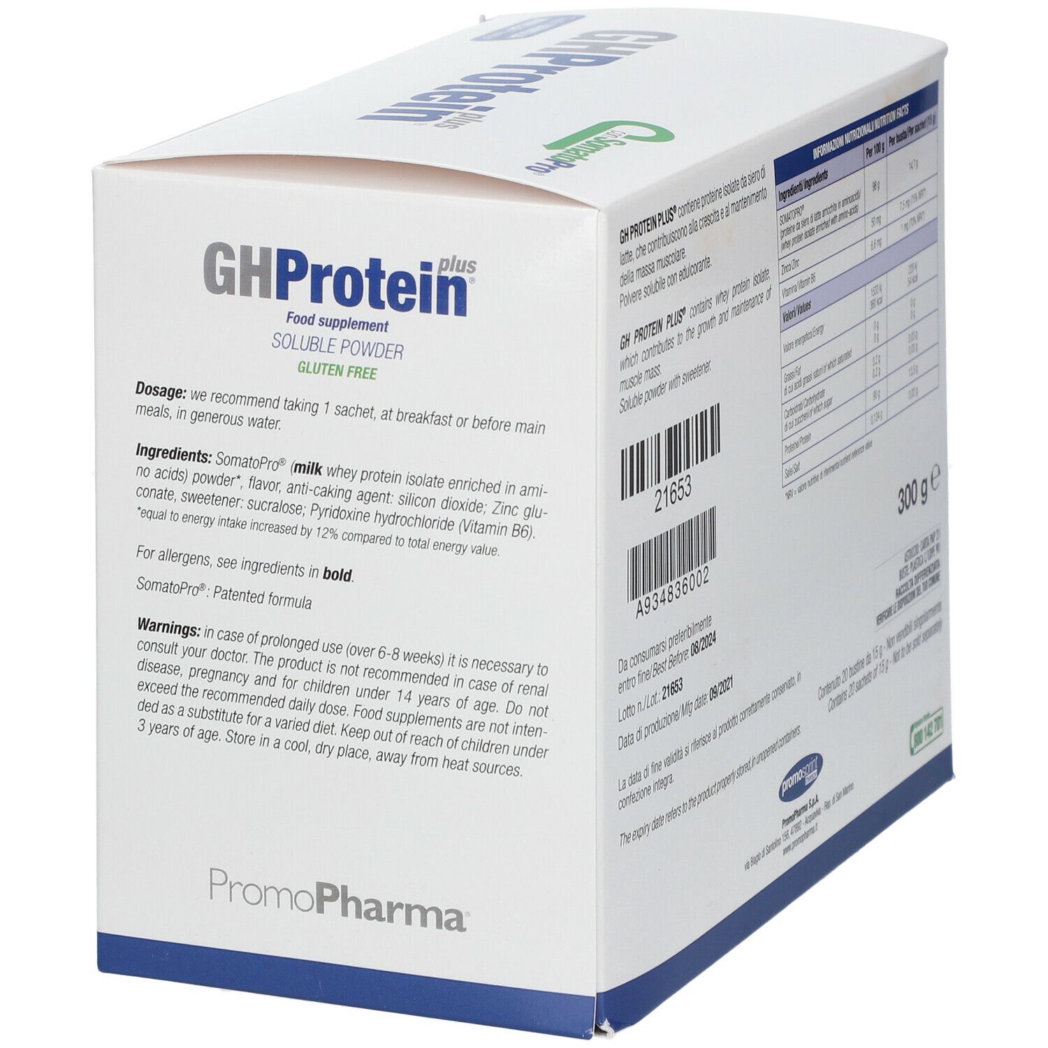 Scatola bianca GHProtein plus, gusto vaniglia. Contiene polvere. Marchio PromoPharma.