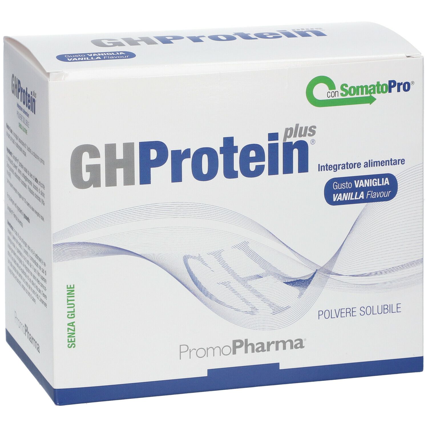 Scatola bianca GHProtein plus, gusto vaniglia. Contiene polvere. Marchio PromoPharma.