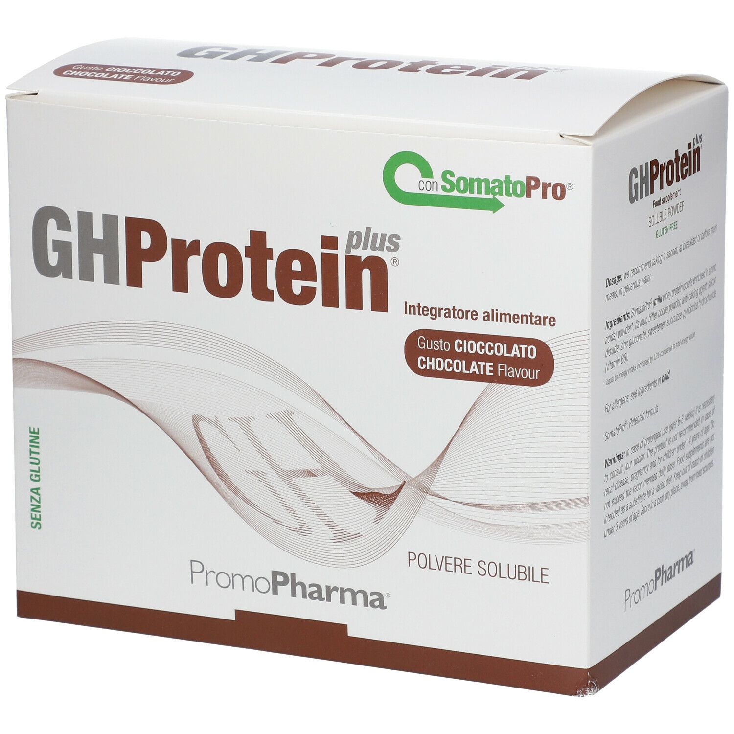PromoPharma® Gh Protein Plus® Cioccolato. Scatola bianca con nome del prodotto e indicazione del gusto. Contiene 'senza glutine'.