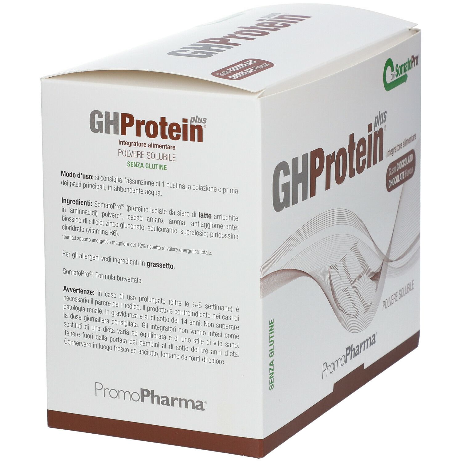 PromoPharma® Gh Protein Plus® Cioccolato. Scatola bianca con nome del prodotto e indicazione del gusto. Contiene 'senza glutine'.