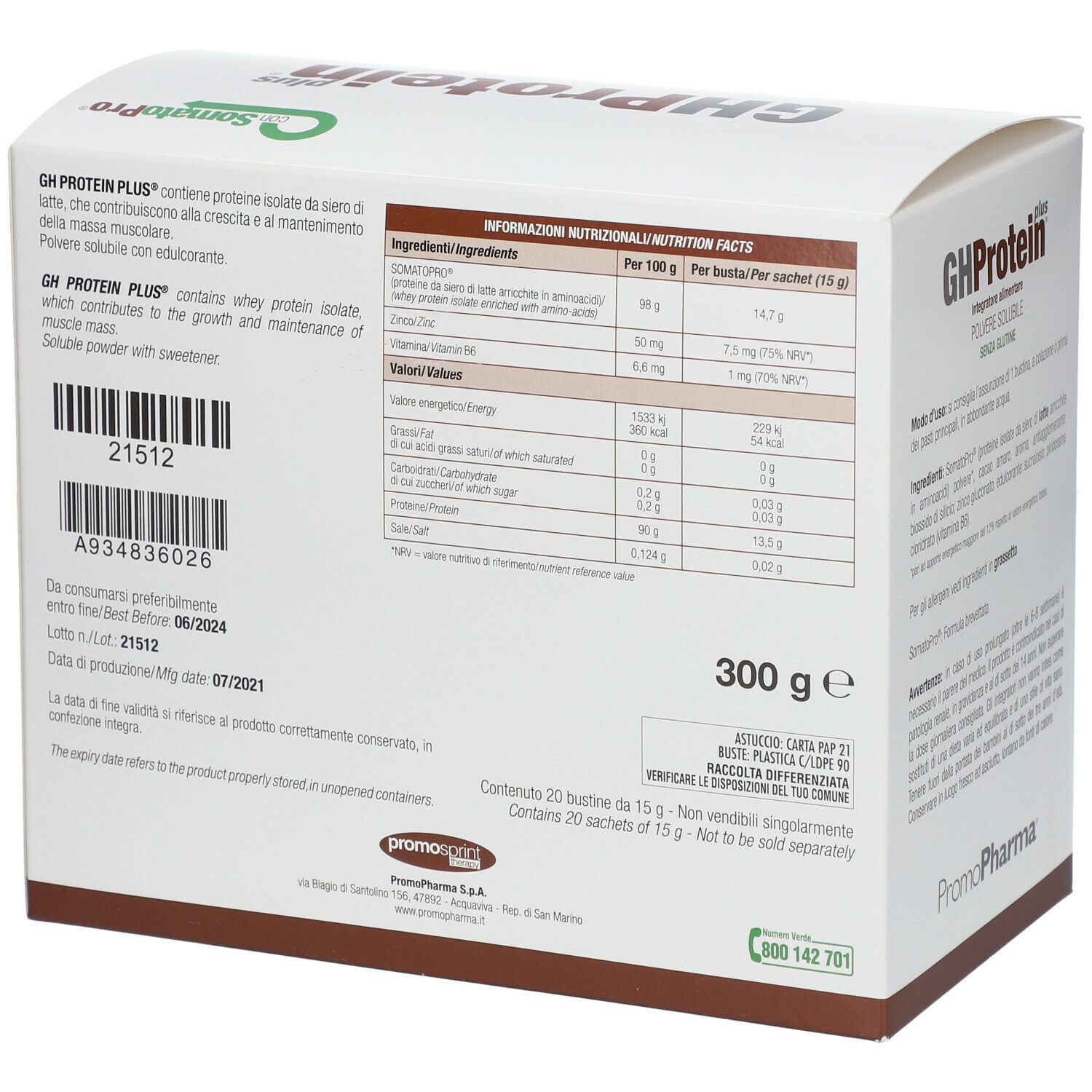 PromoPharma® Gh Protein Plus® Cioccolato. Retro della scatola con informazioni nutrizionali e ingredienti. 300g.