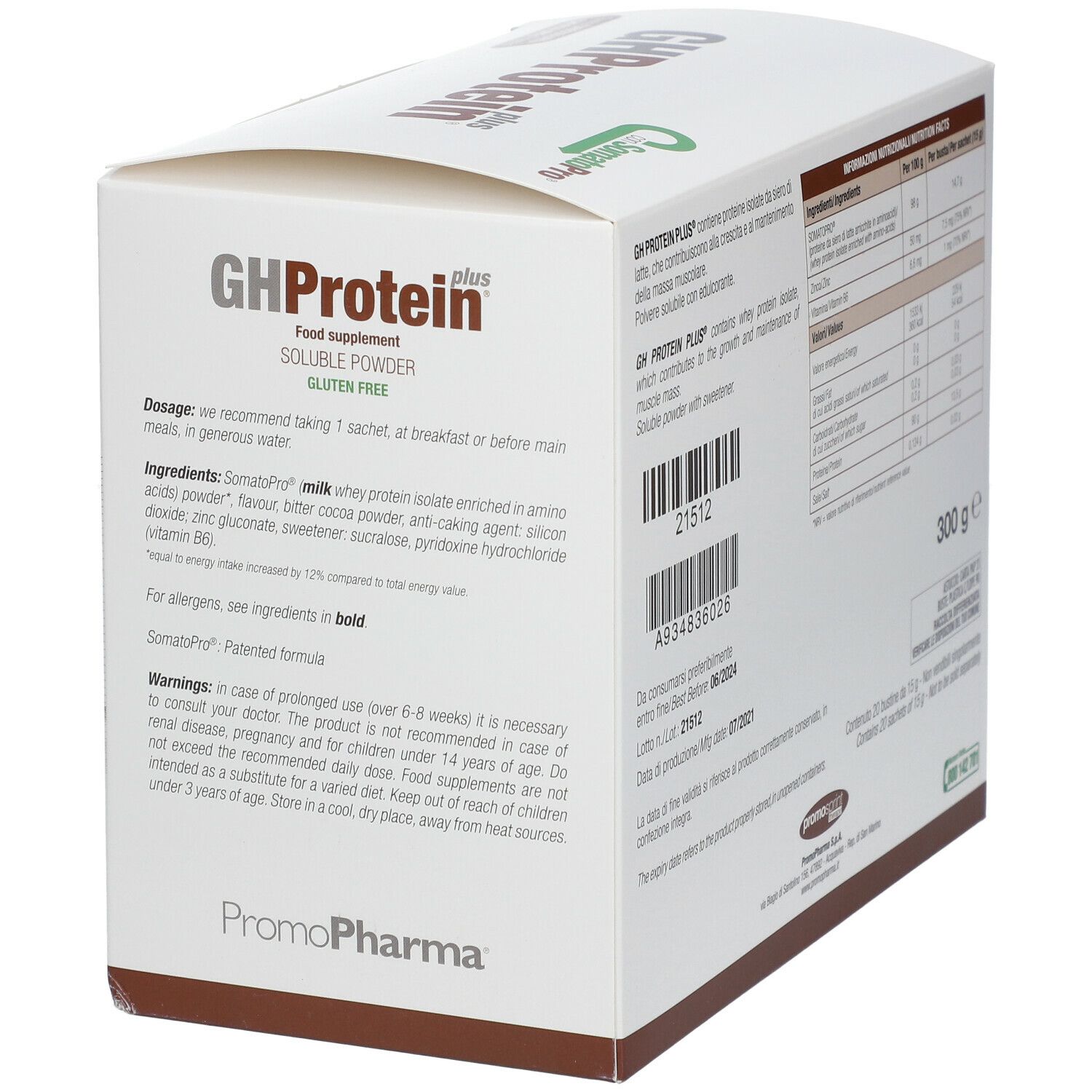 PromoPharma® Gh Protein Plus® Cioccolato. Scatola bianca con nome del prodotto e informazioni. Contiene 'senza glutine'.