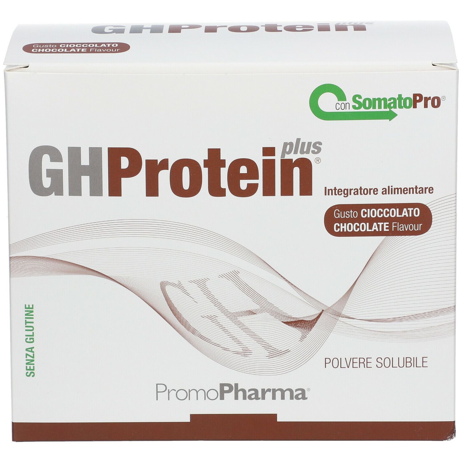 PromoPharma® Gh Protein Plus® Cioccolato. Scatola bianca con nome del prodotto e indicazione del gusto. Contiene 'senza glutine'.